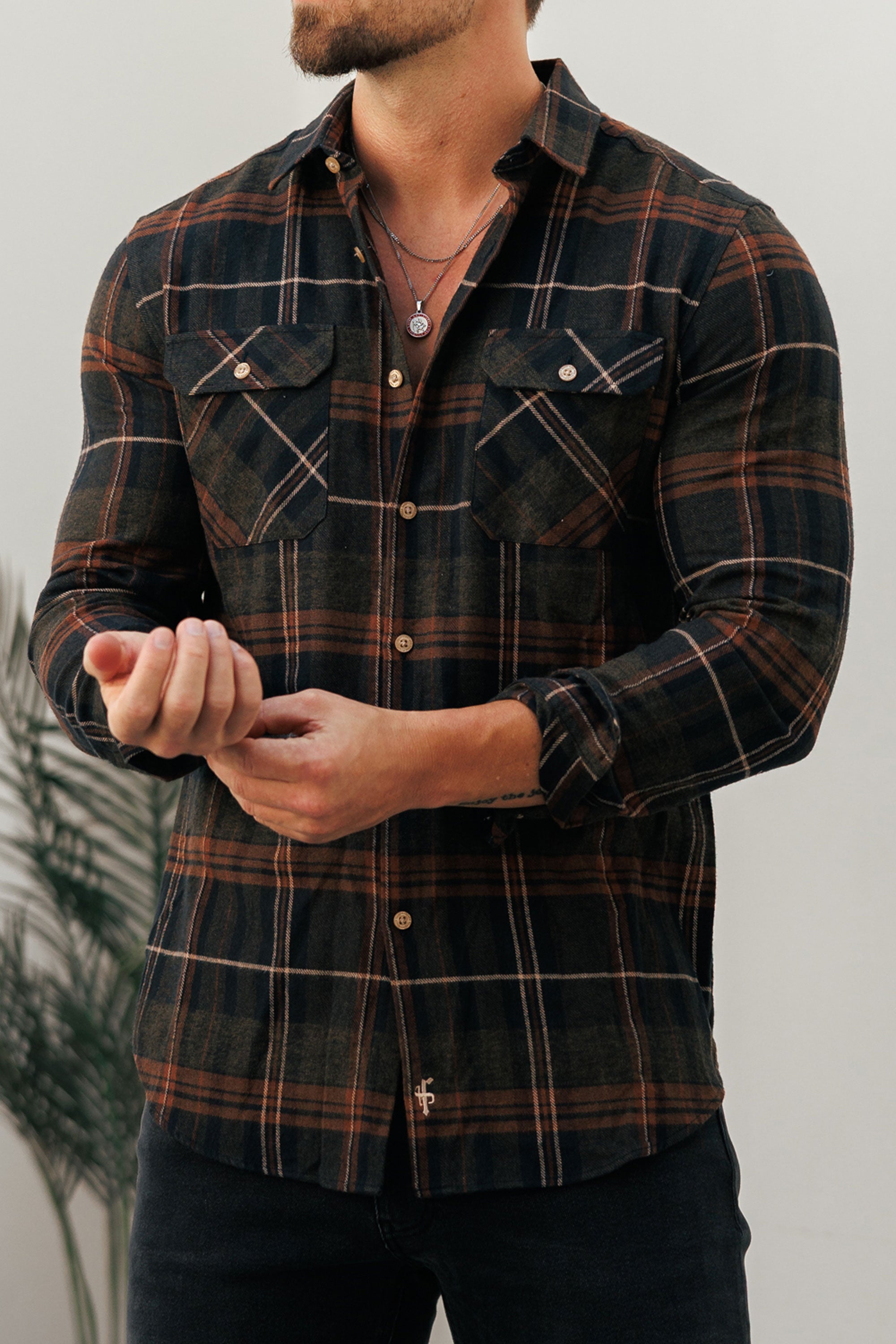 Brown Check Shacket With Double Pockets - FS1196