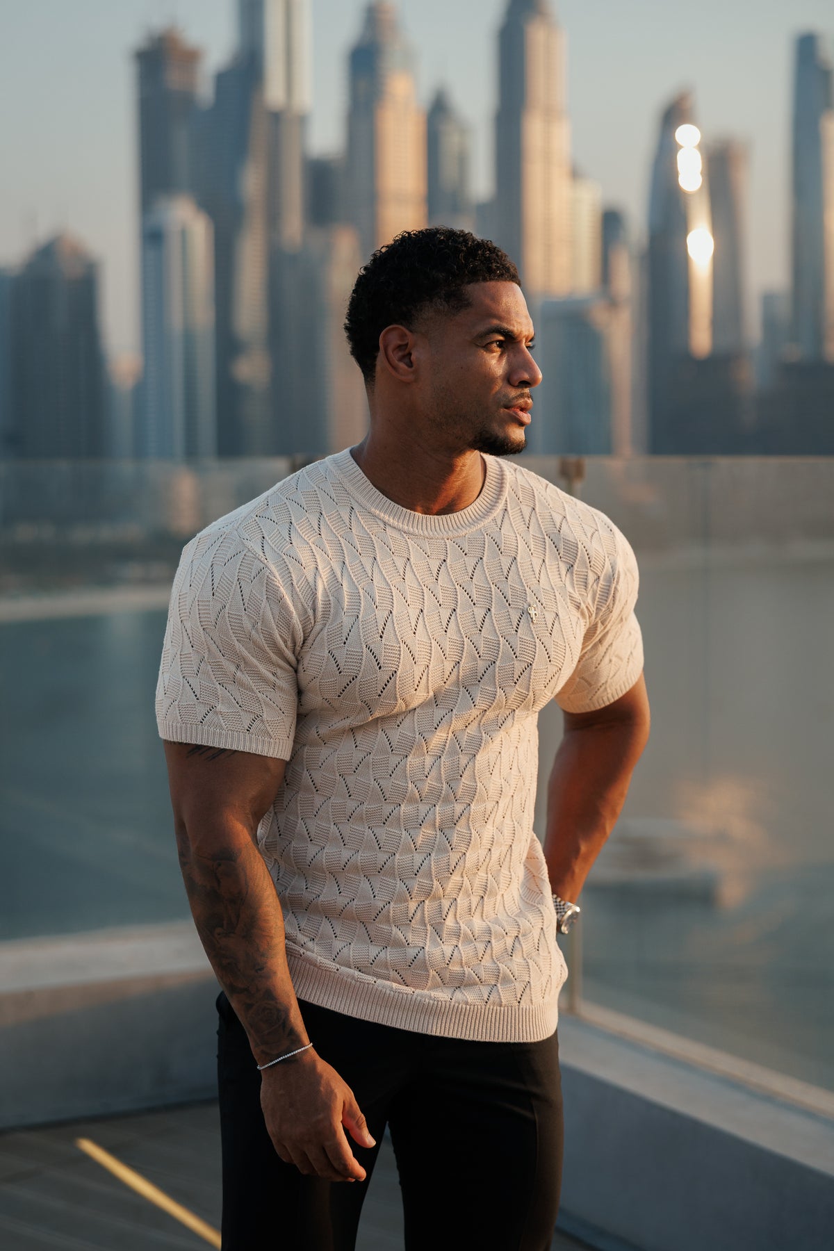 Beige Wave Weave Knit Short Sleeve Sleeve T-Shirt - FSJ171
