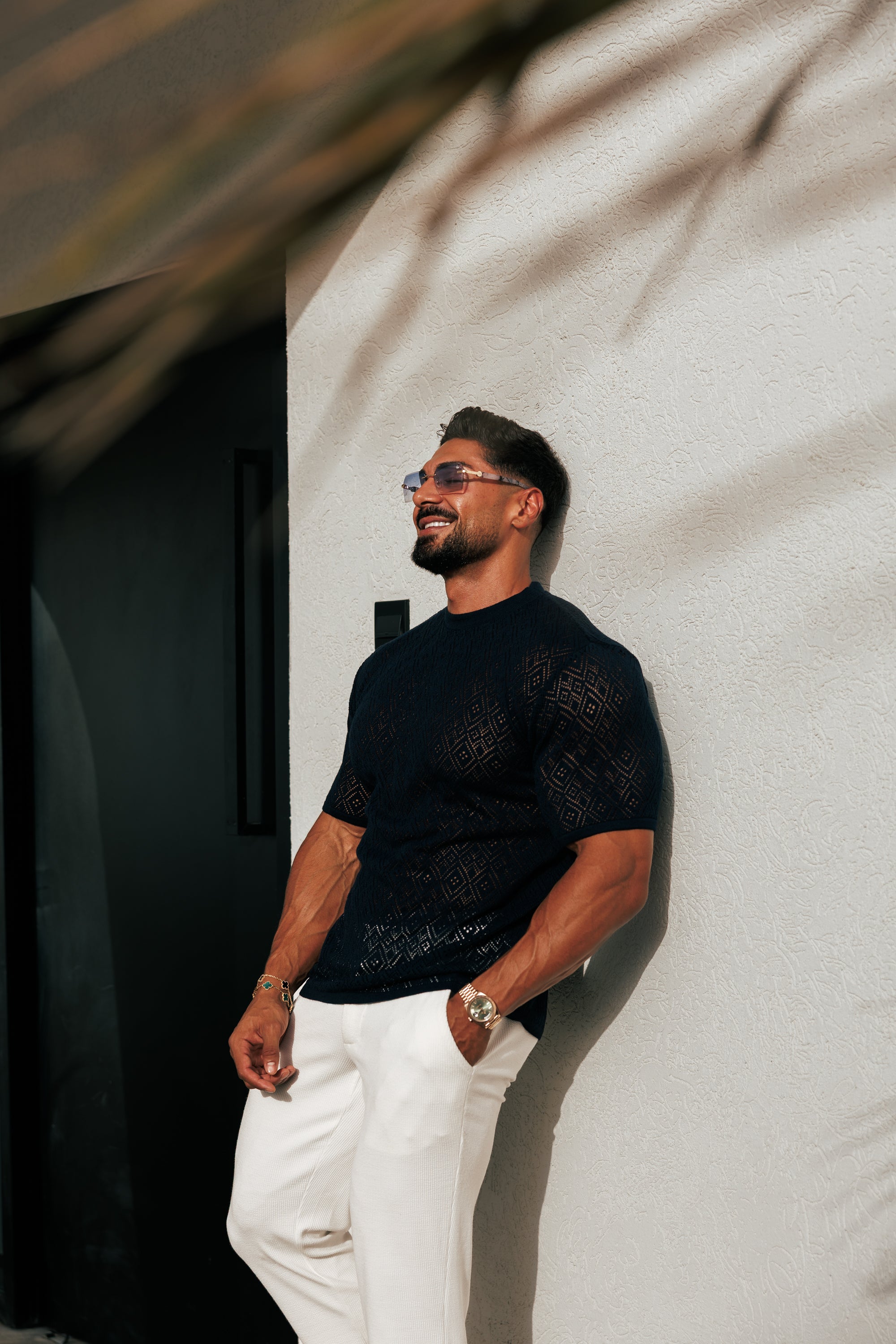 Crochet Crew T-Shirt Navy Short Sleeve - FSJ090