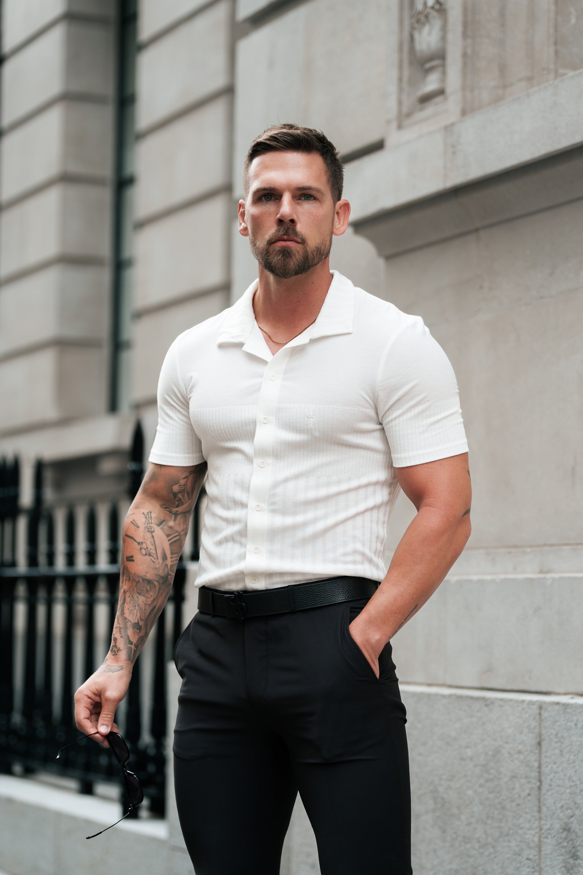 Jersey Revere Vertical Stripe White Shirt Short Sleeve - FSR025