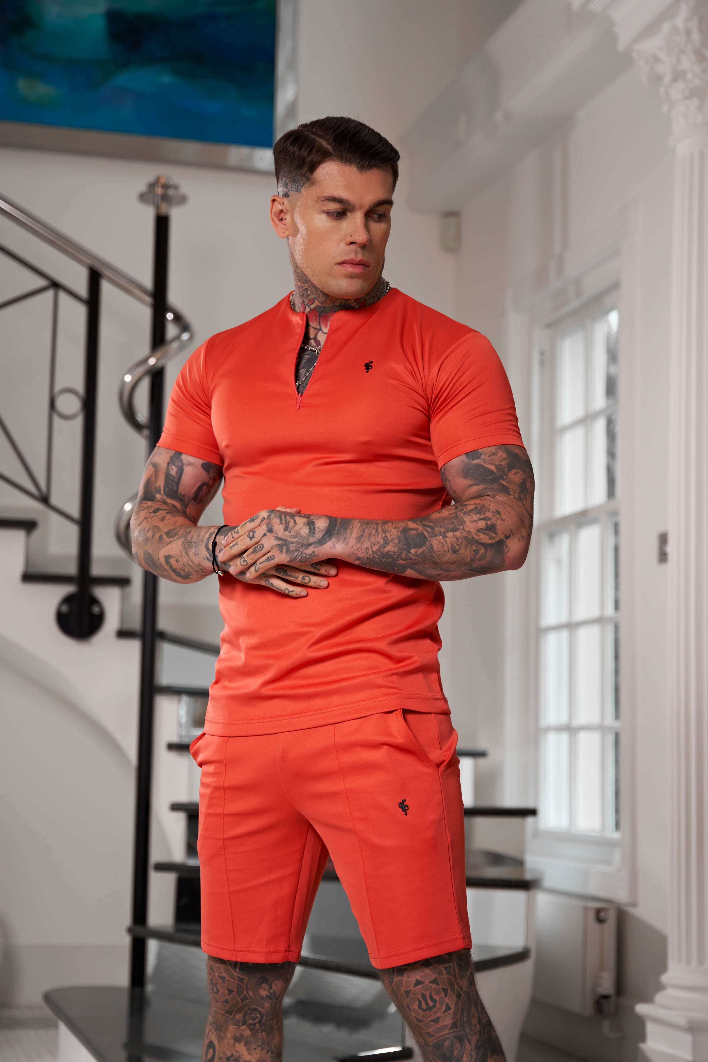 Scuba Coral / Black Crew T Shirt With Zip Detail Short Sleeve - FSH1036