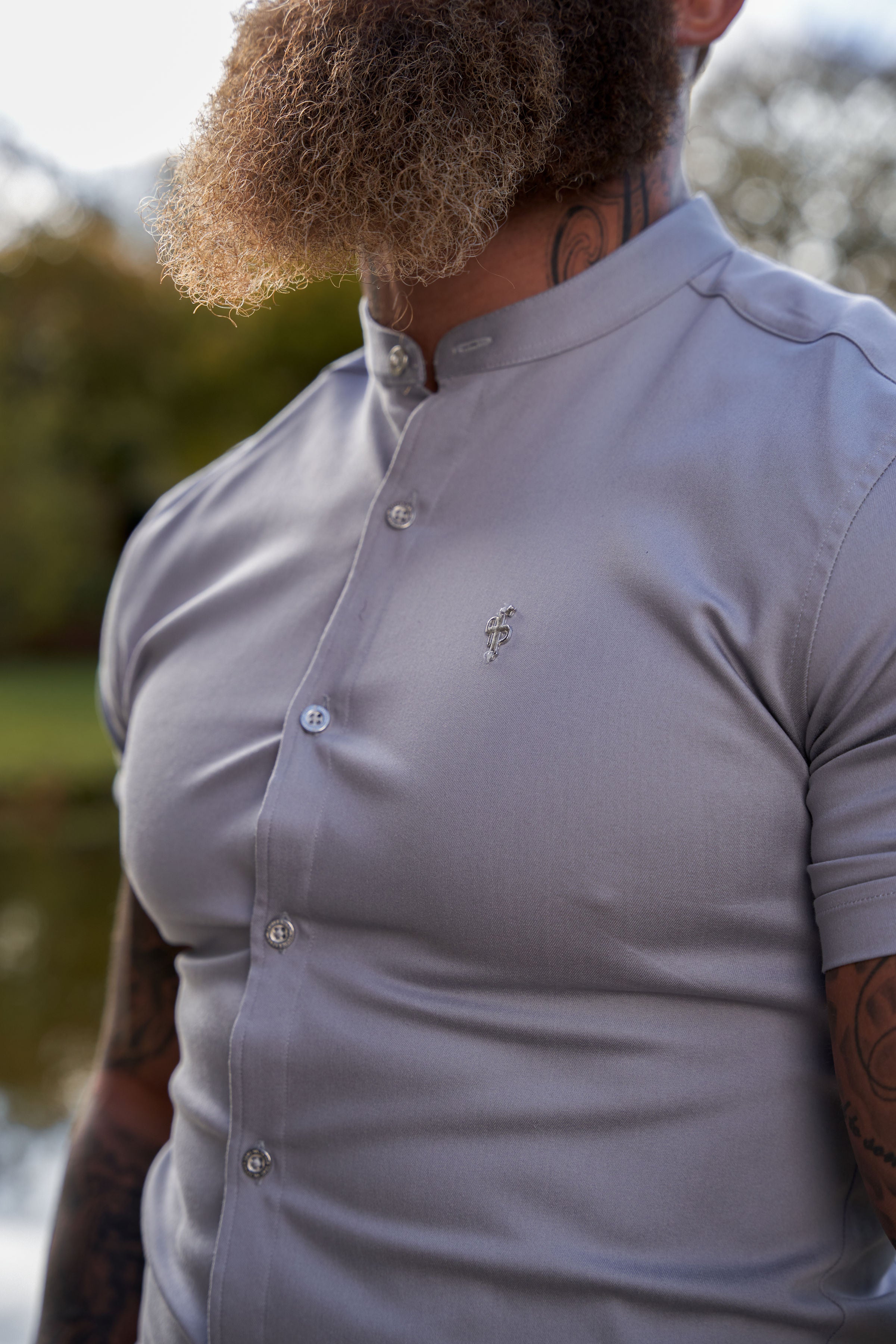Super Slim Stretch Grey Denim Short Sleeve With Grandad Collar and Silver Metal Buttons and Decal - FS963