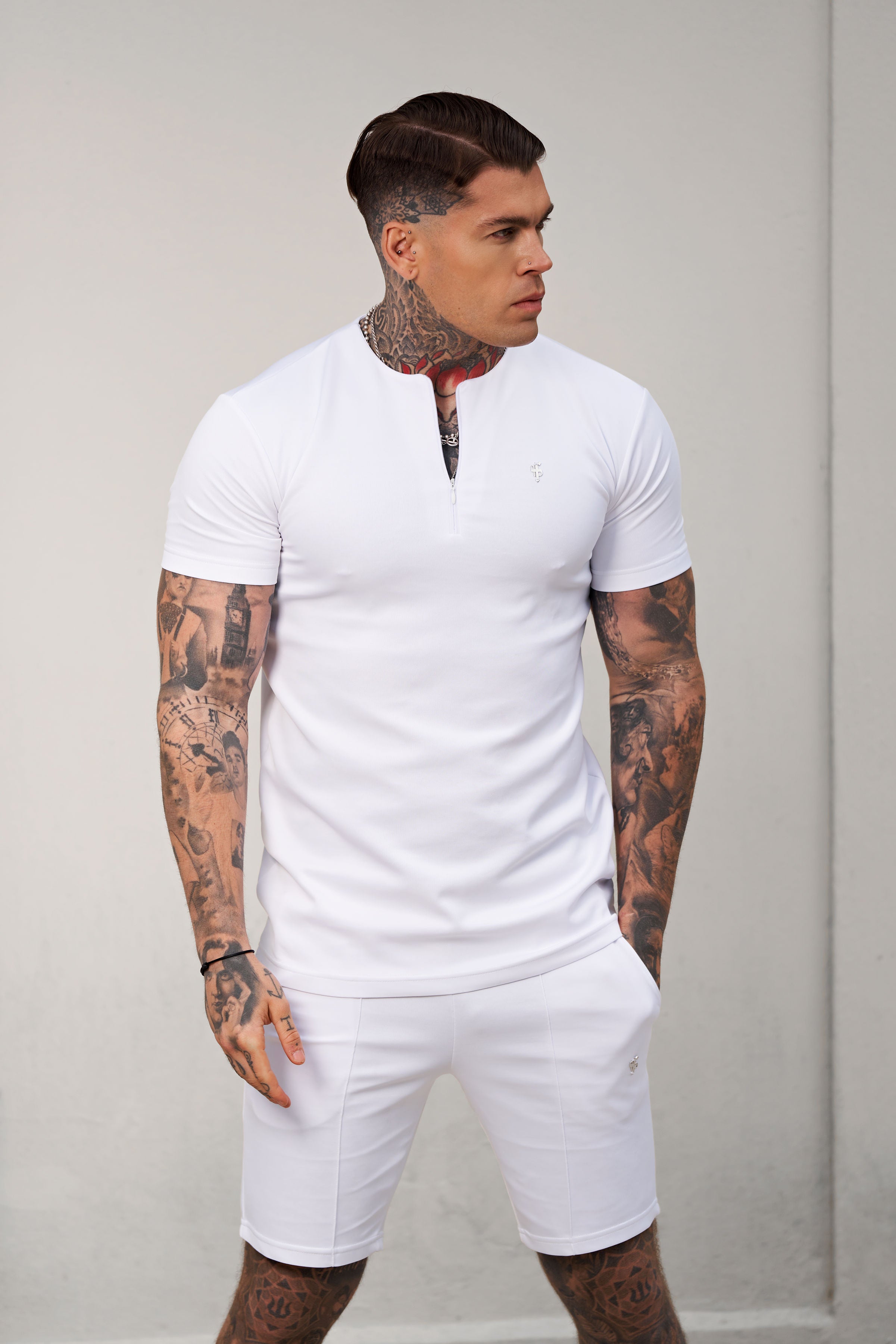 Scuba White / Silver Crew T Shirt With Zip Detail Short Sleeve - FSH1035