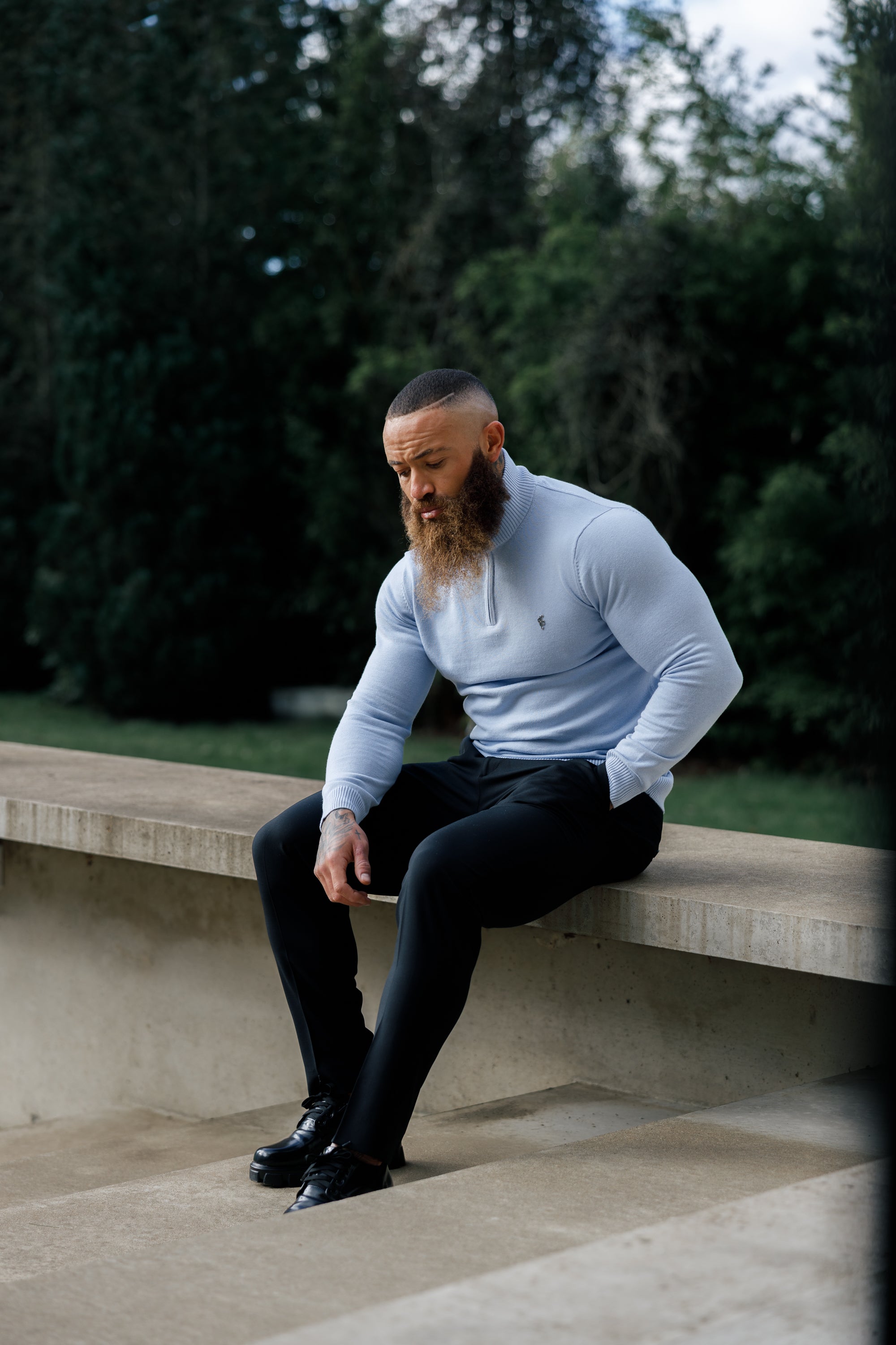 Light Blue Funnel Neck 1/2 Zip Knitted Jumper - FSN119