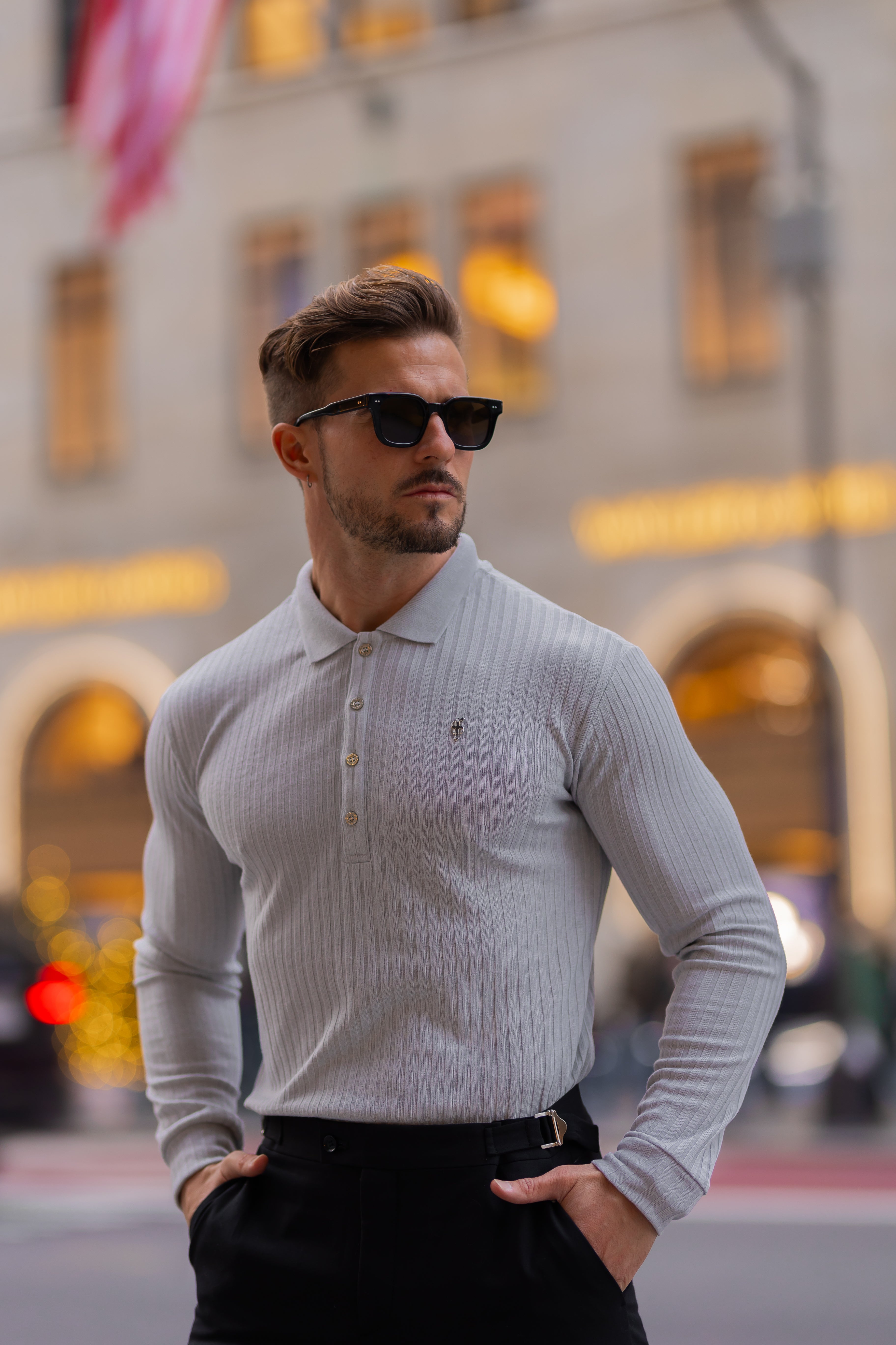 Classic Light Grey Ribbed Polo Shirt Long Sleeve With Silver Decal - FSH973