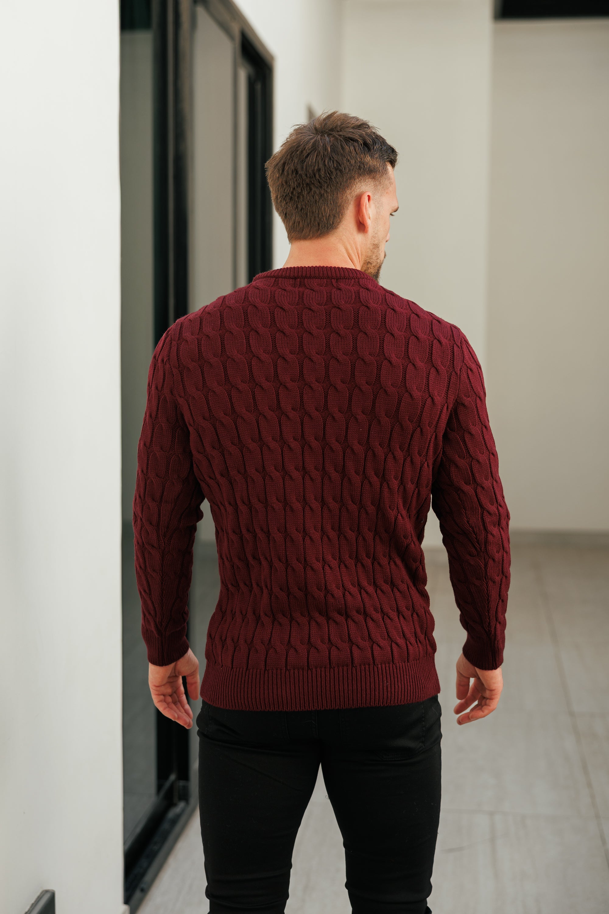 Link Weave Knit Wine Crew Neck Jumper - FSJ131