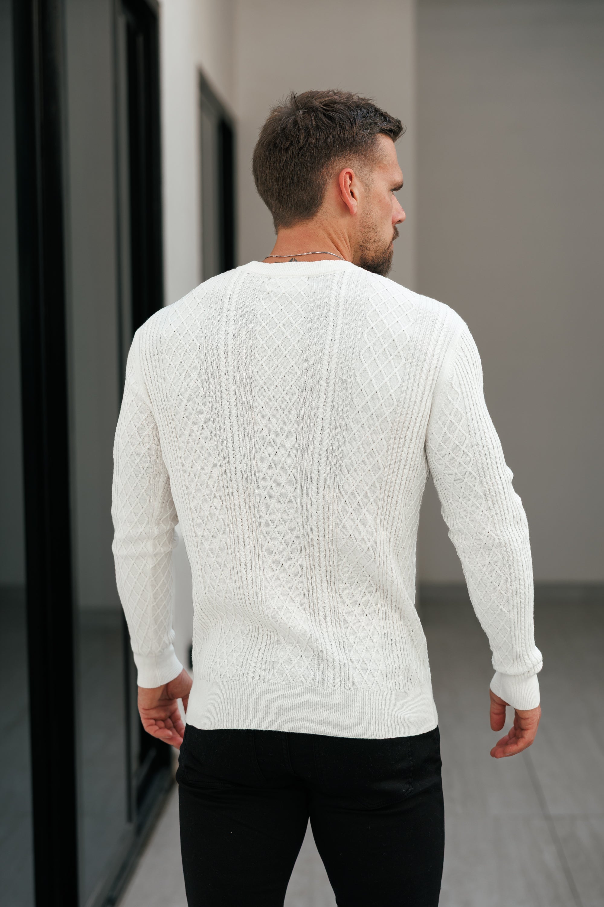 Fine Knit Diamond Off White Jumper Long Sleeve - FSA005