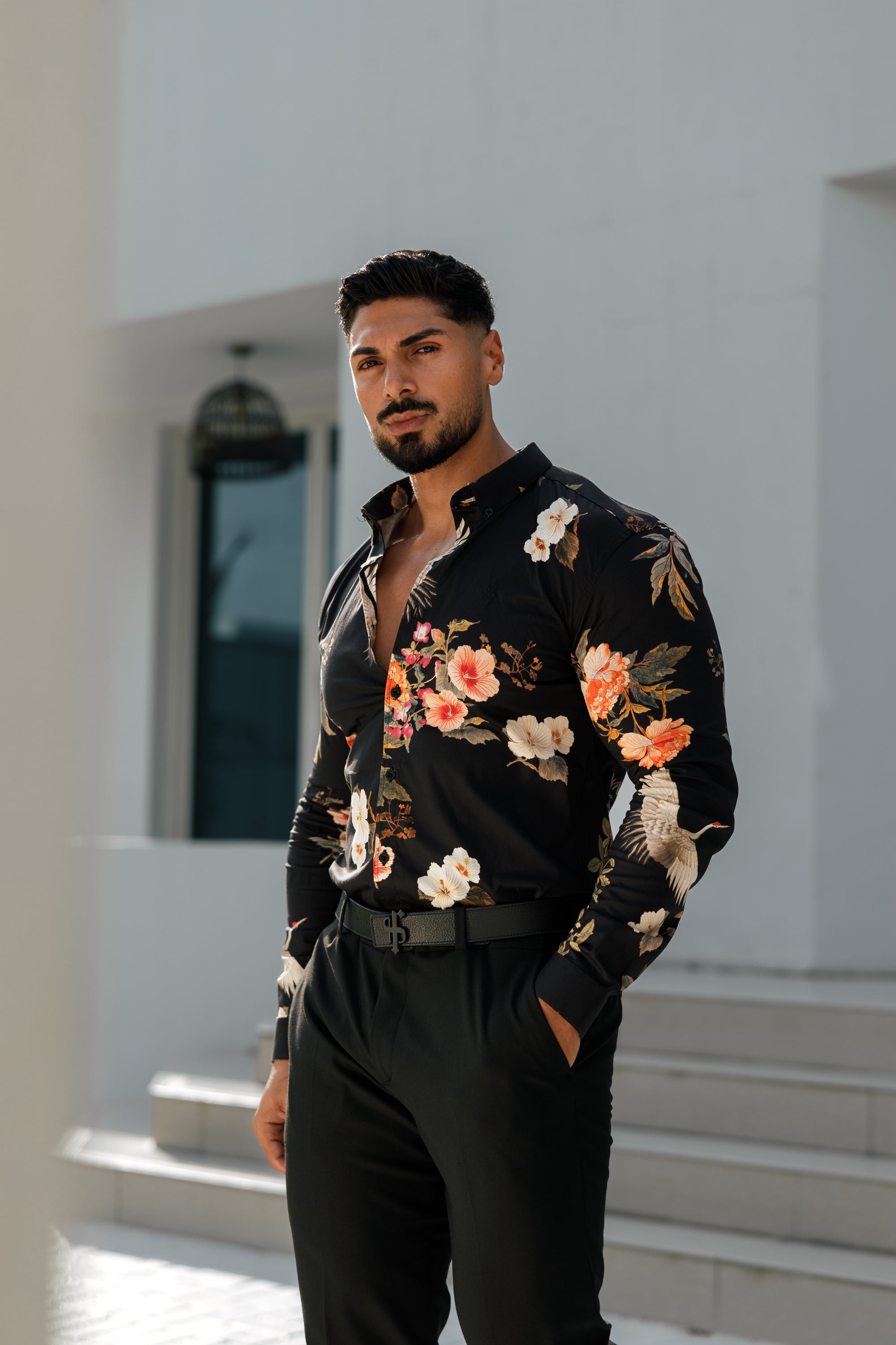 Super Slim Stretch Black Crane Print Long Sleeve with Button Down Collar - FS772