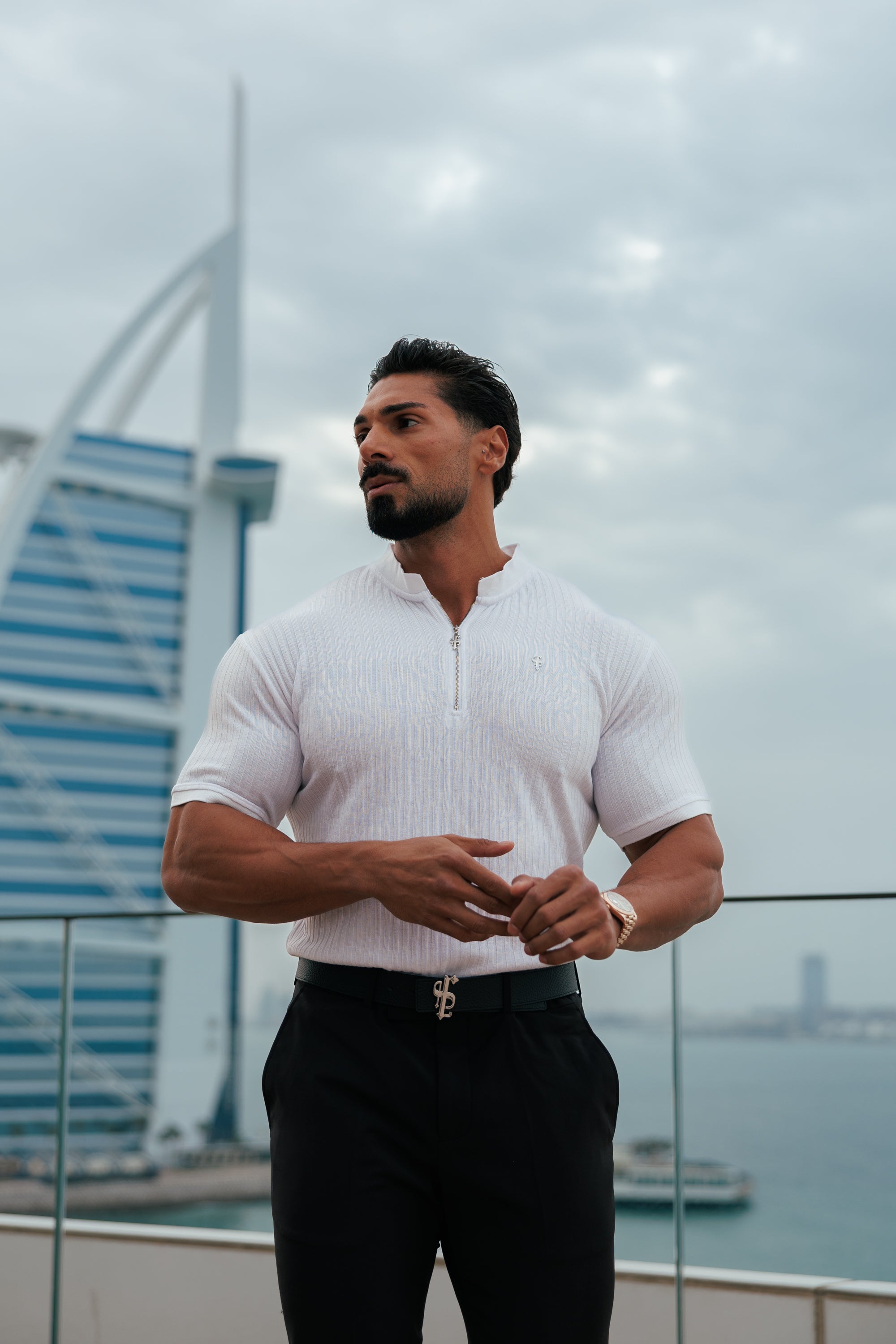 Classic White / Silver Ribbed Zip Grandad Collar Shirt Short Sleeve - FSH1447