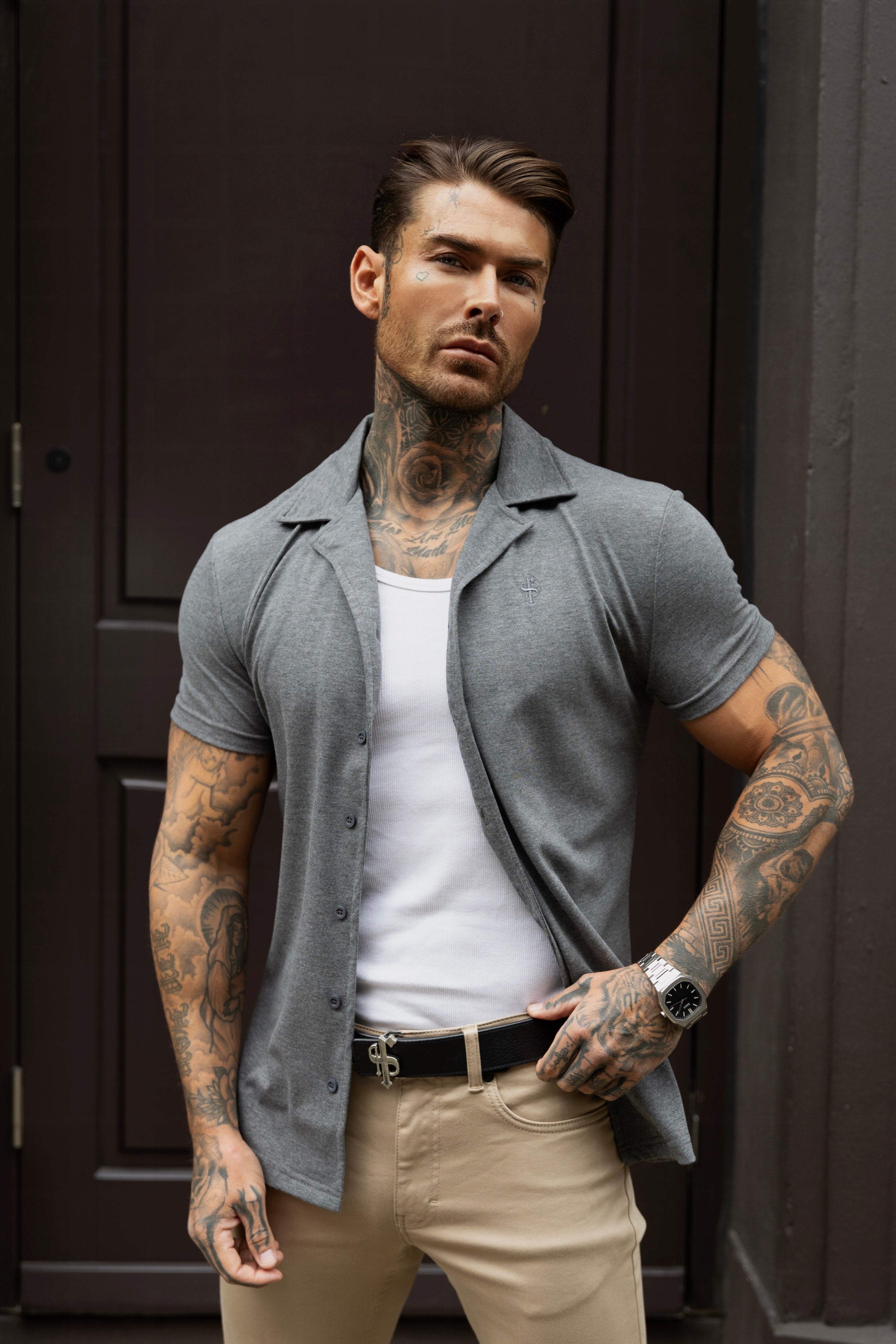 Stretch Dark Grey Pique Revere Shirt Short Sleeve - FSH1073