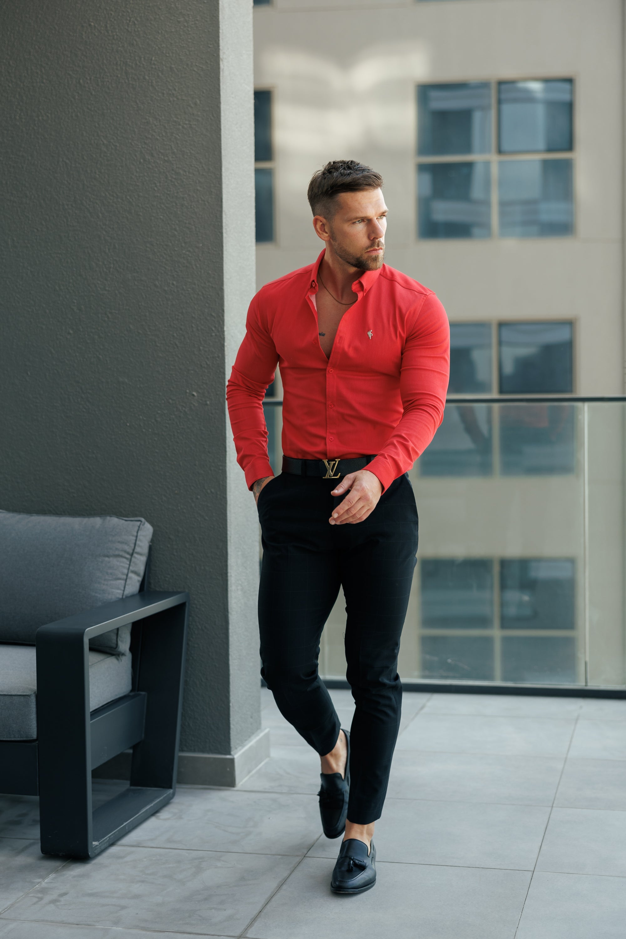 Super Slim Stretch Postbox Red Denim Long Sleeve with Button Down Collar - FS1134