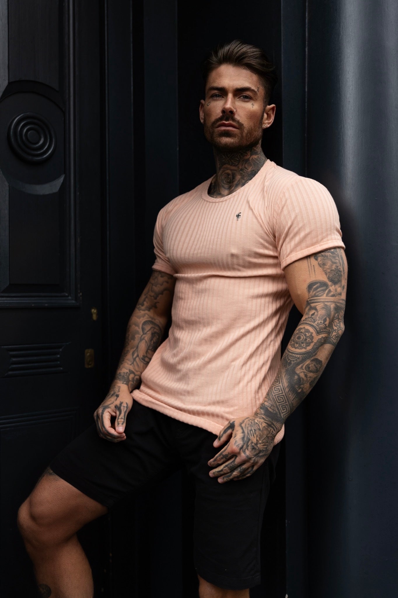 Classic Peach / Silver Ribbed Knit Super Slim Short Sleeve Crew - FSH1093
