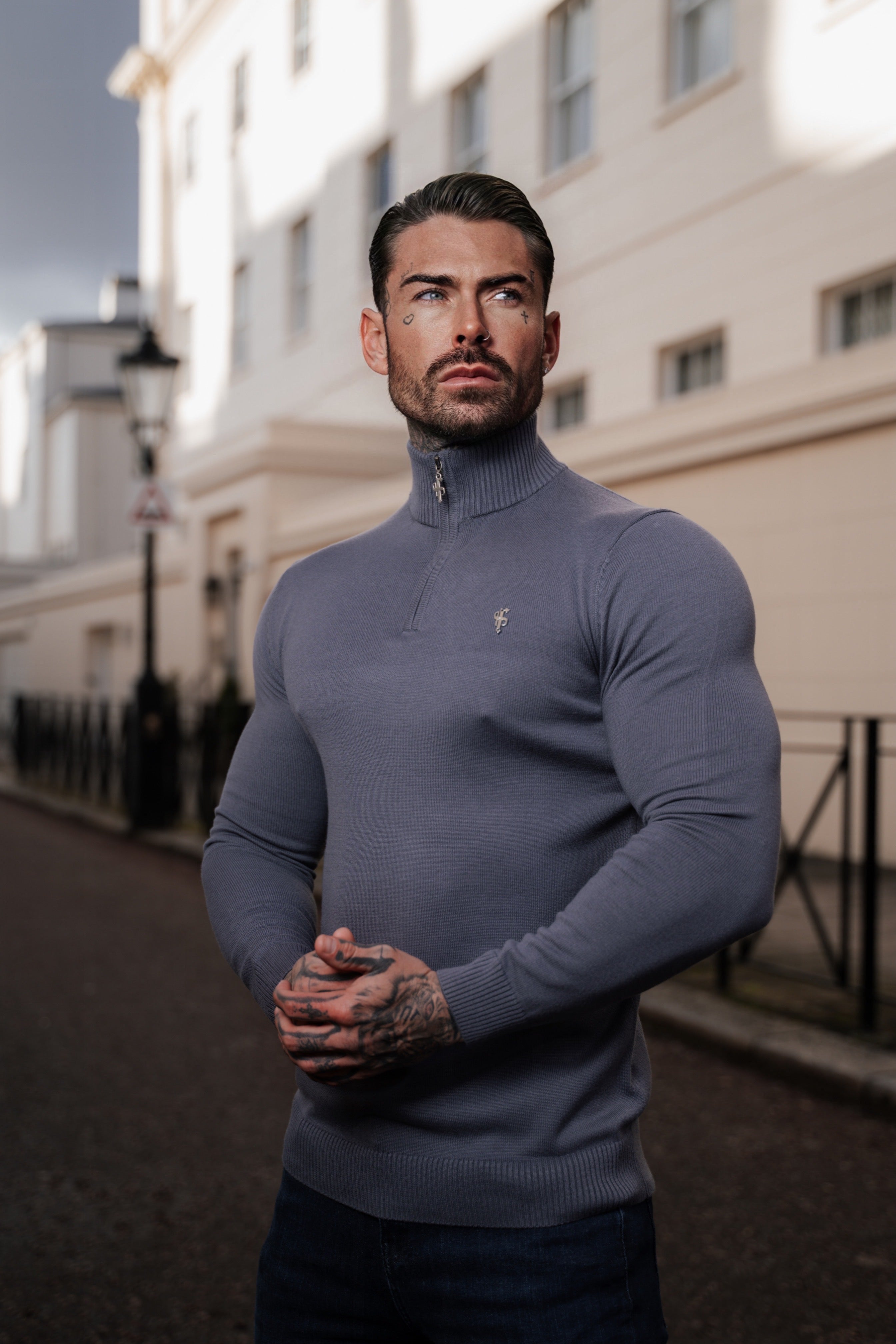 Gunmetal Funnel Neck 1/2 Zip Knitted Jumper - FSN120