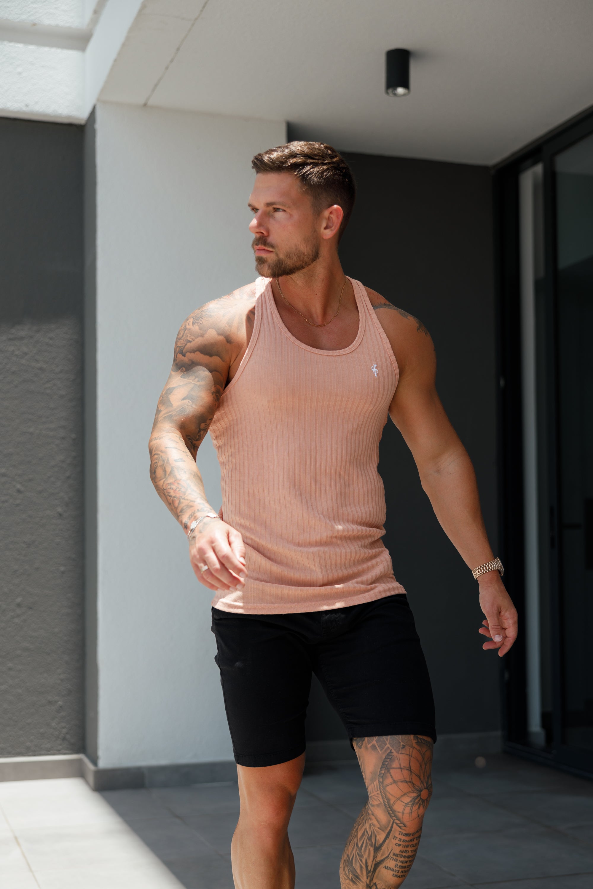 Classic Peach / White Ribbed Knit Super Slim Vest - FSH1028