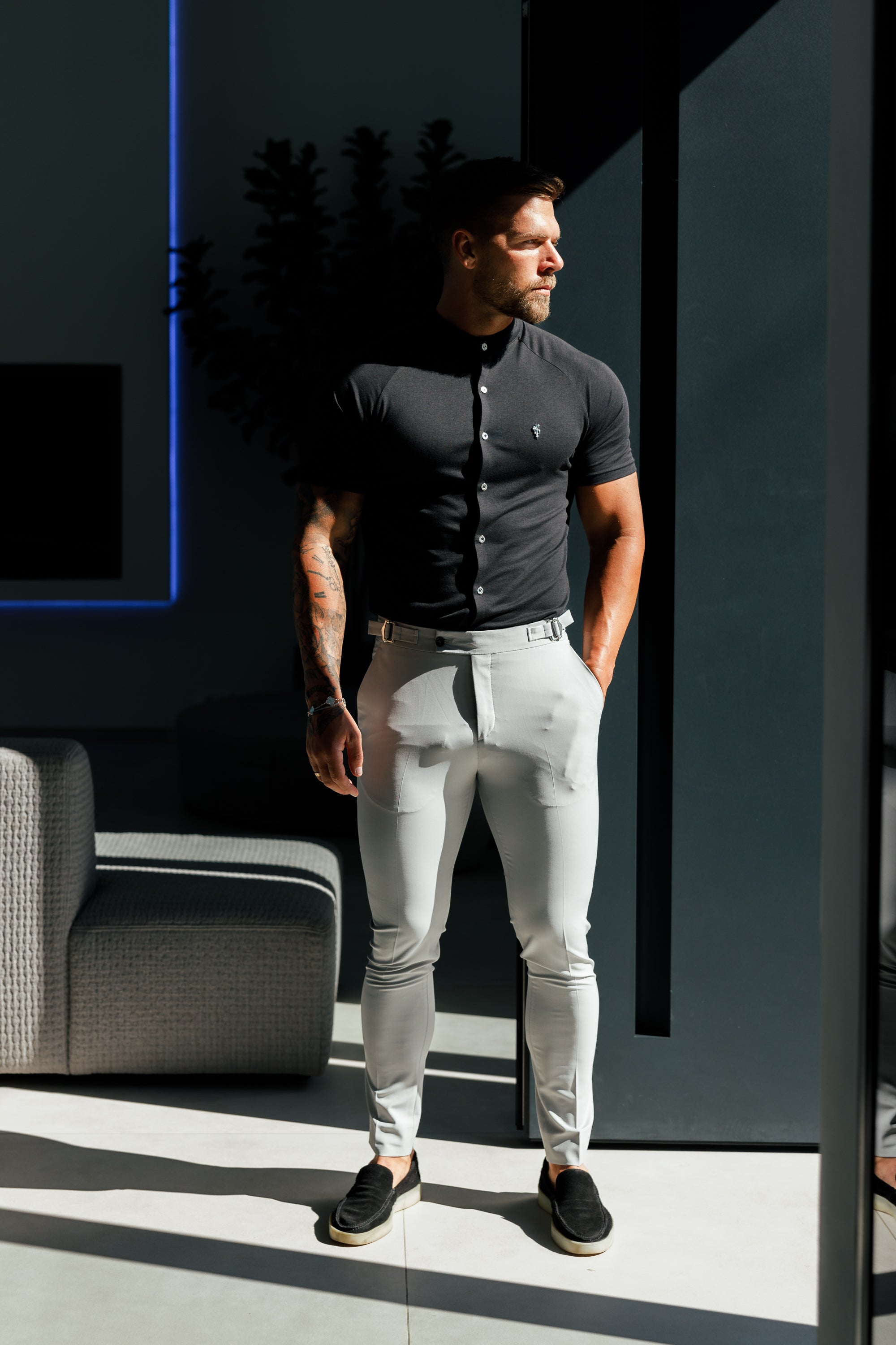 Slim Bamboo Raglan Grandad Collar Black Short Sleeve - FSH1165