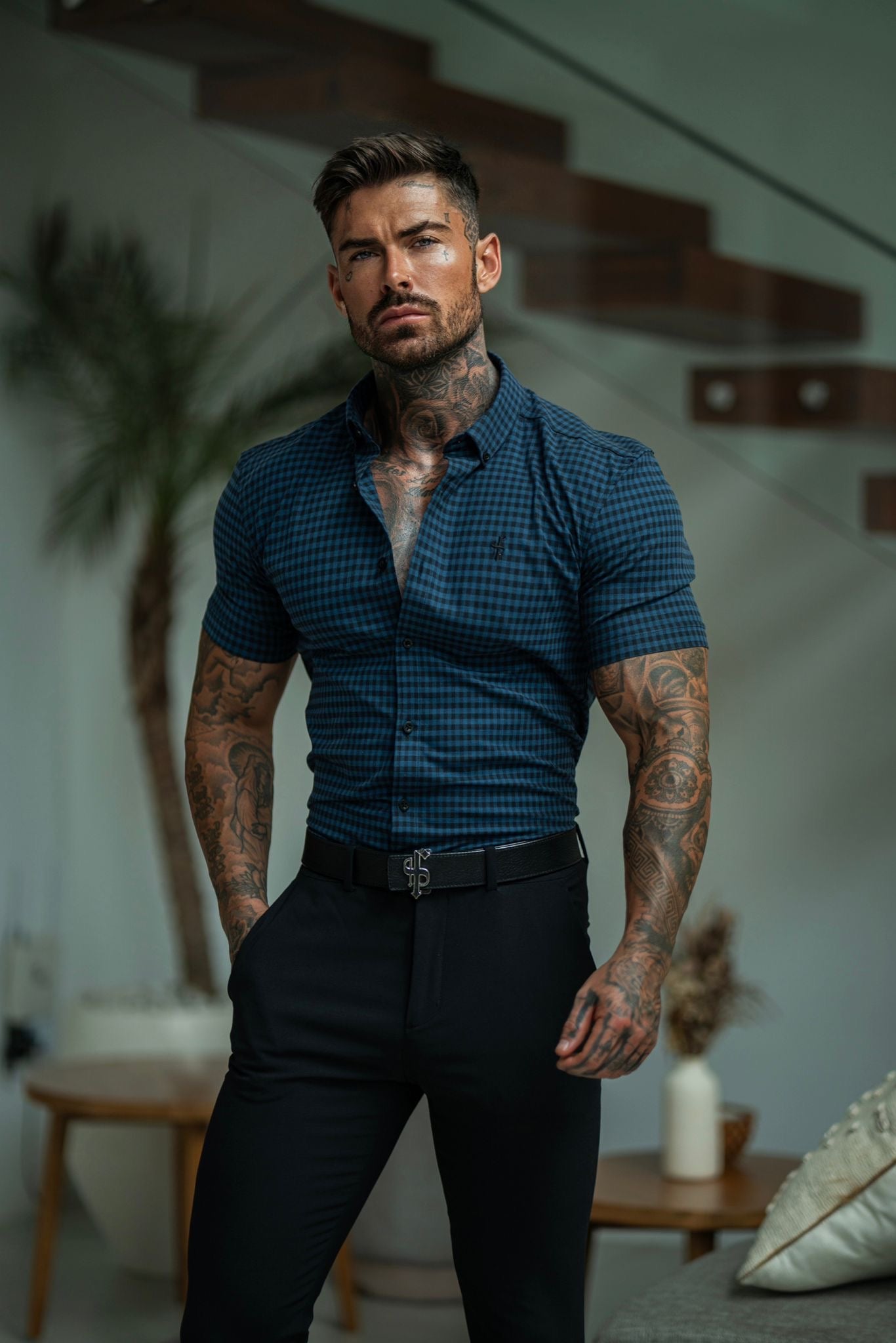 Super Slim Ultra Stretch Blue & Black Check Short Sleeve - FS515