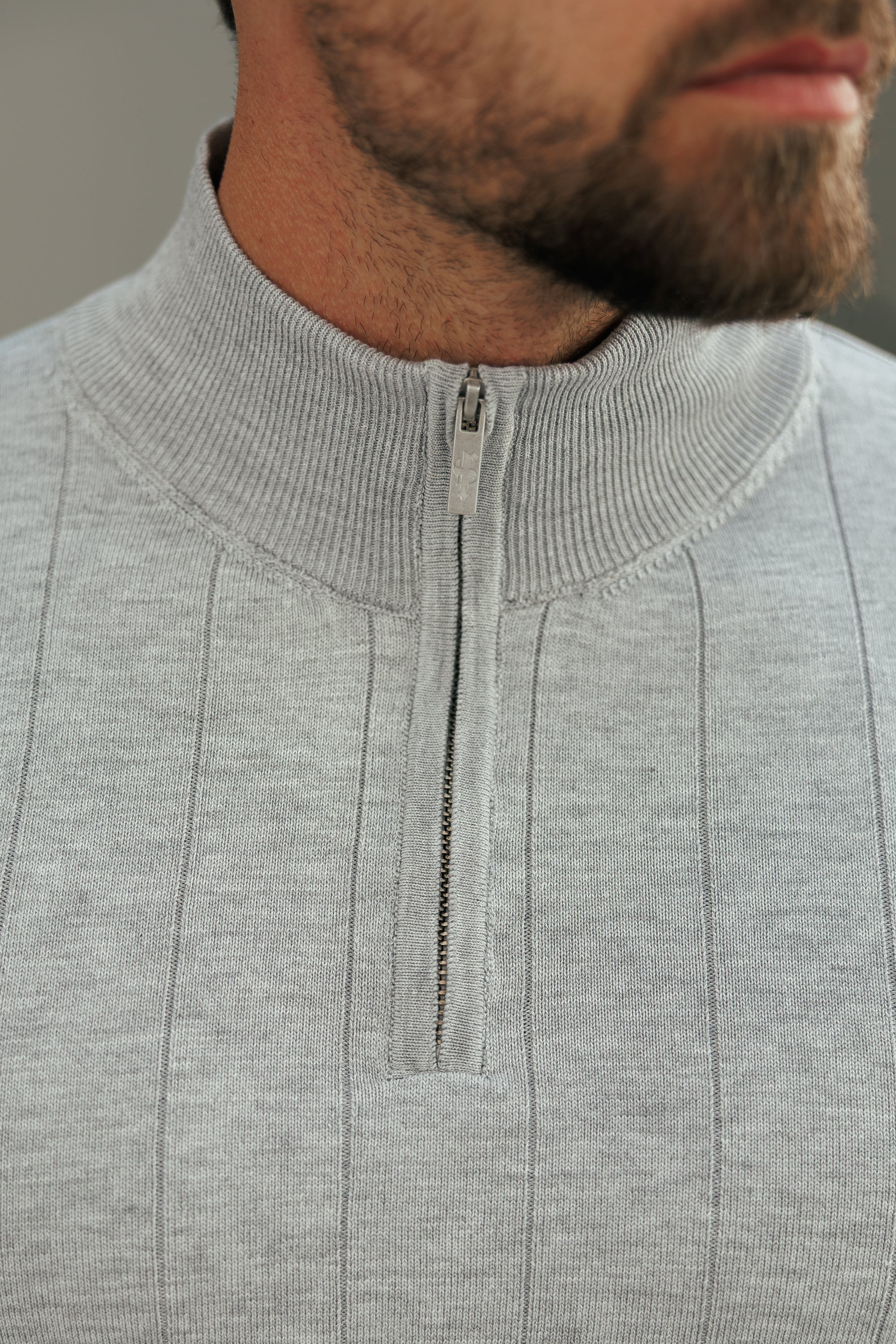 Self Stripe 1/4 Zip Funnel Neck Knit Jumper Silver Grey Long Sleeve - FSR051