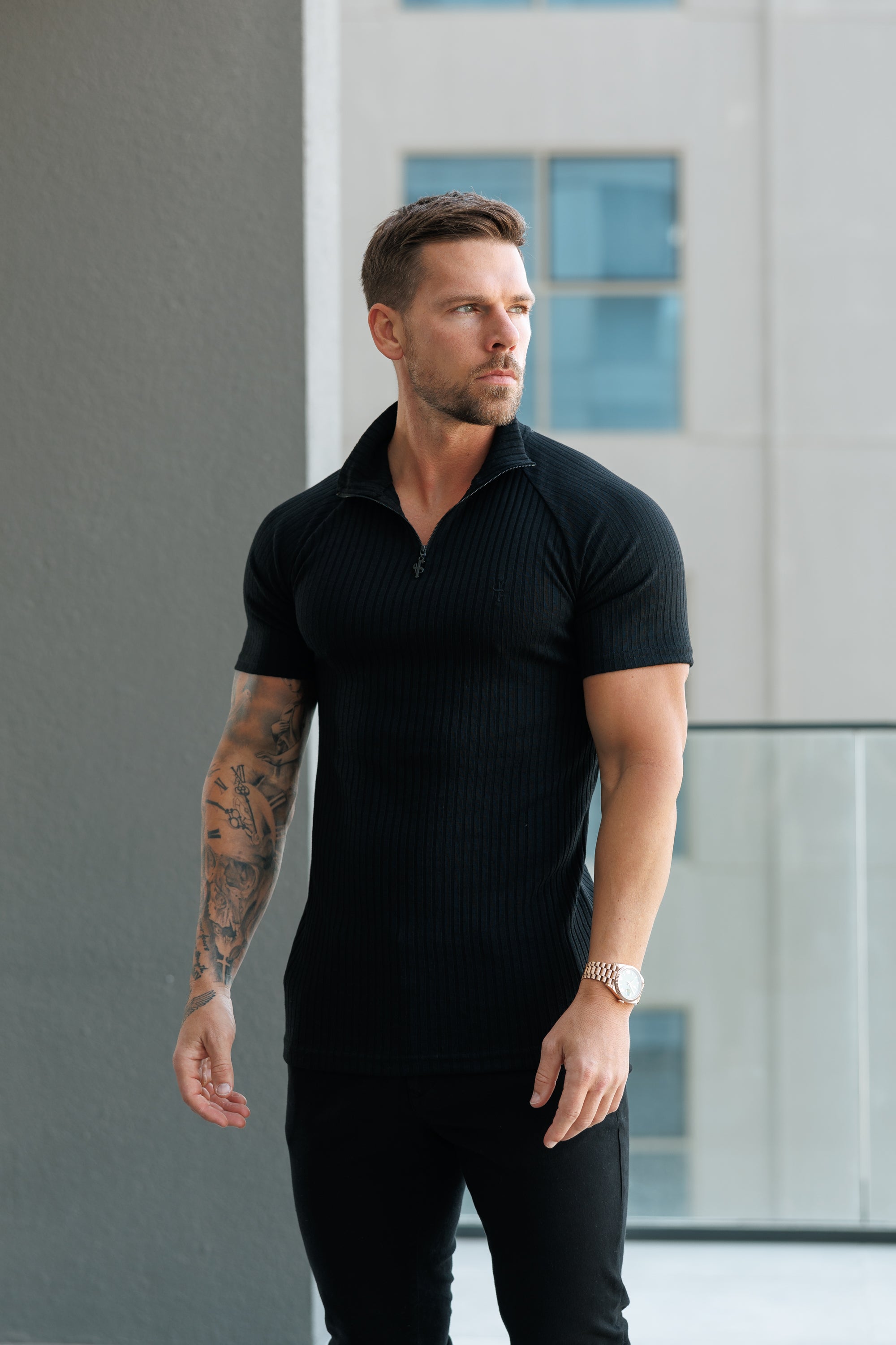Classic Black Ribbed Zip Funnel Neck Raglan Short Sleeve Crew - FSH729