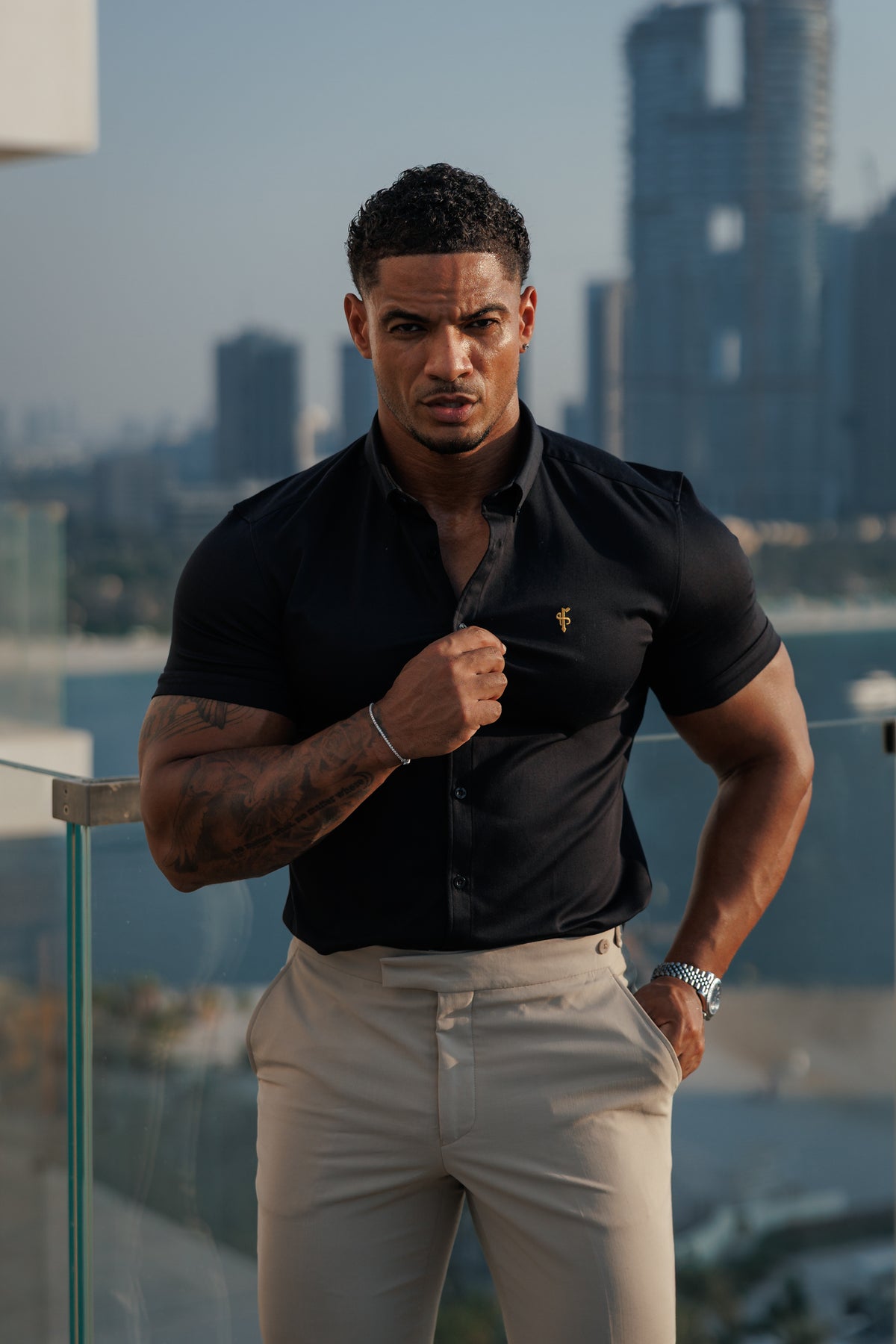 Super Slim Stretch Black Denim Short Sleeve with Gold Embroidery and Button Down Collar - FS1041