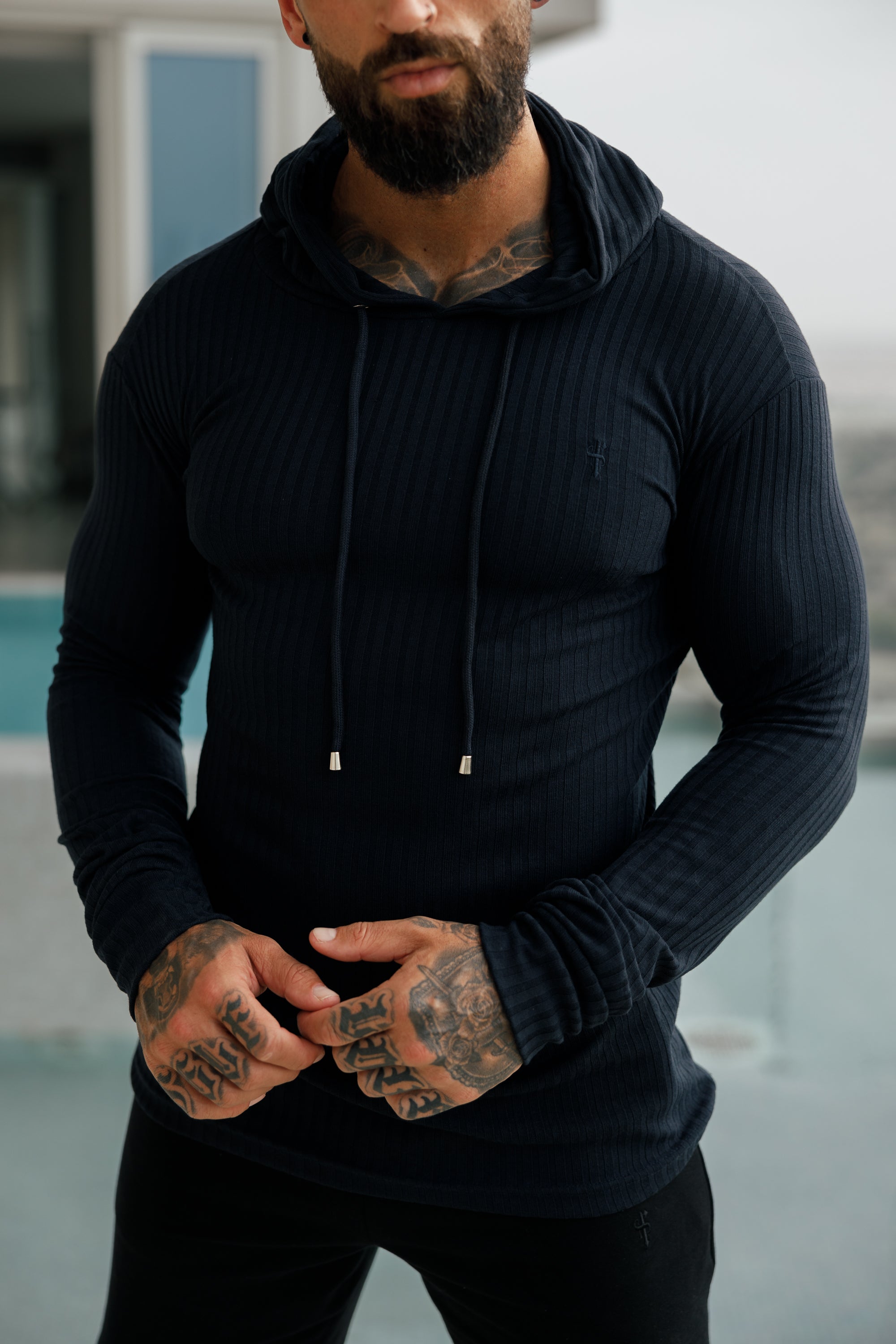 Classic Navy Ribbed Knit Hoodie Jumper - FSH904