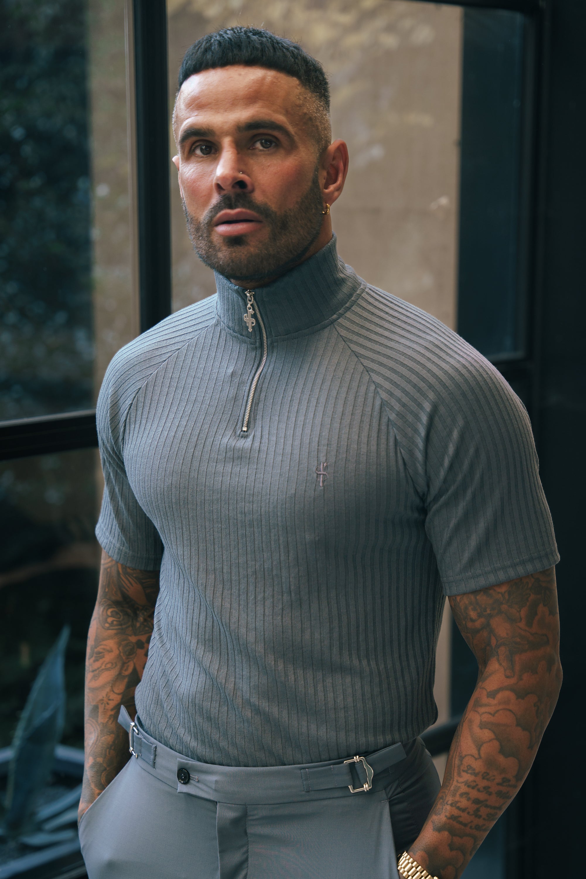 Classic Charcoal Ribbed Zip Funnel Neck Raglan Short Sleeve Crew - FSH1288