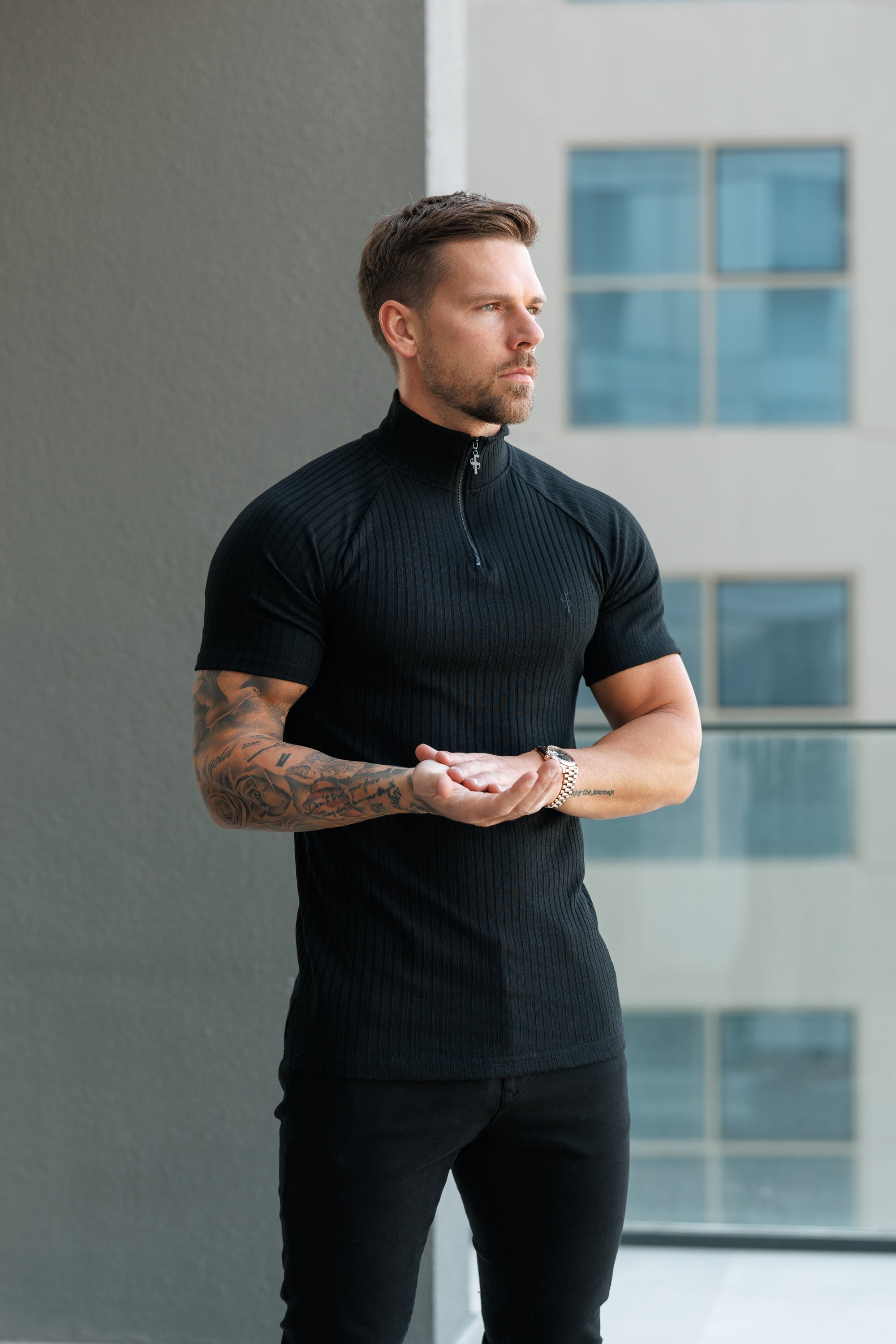 Classic Black Ribbed Zip Funnel Neck Raglan Short Sleeve Crew - FSH729