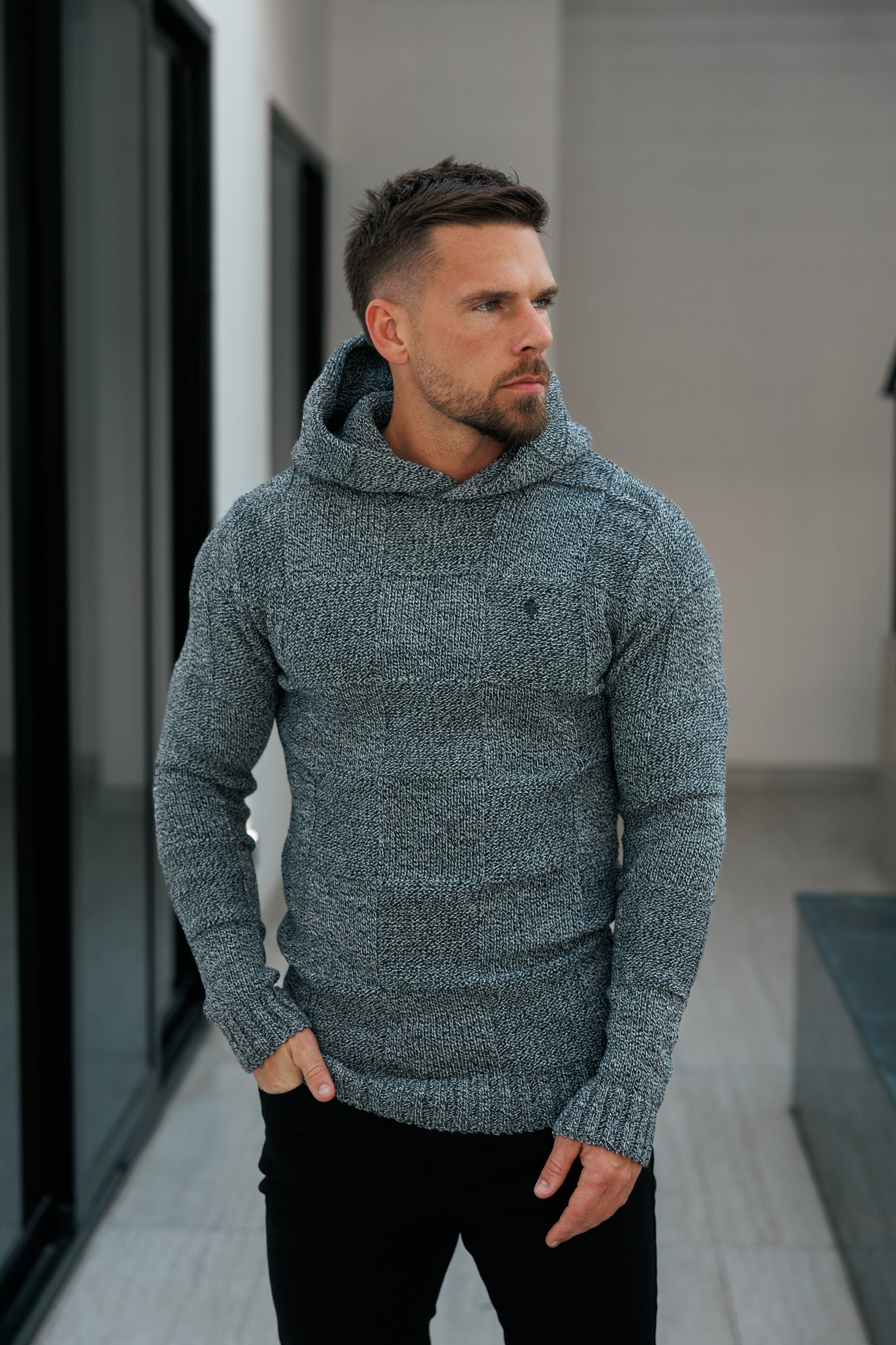 Black / White Two Tone Checkerboard Knitted Hoodie - FSJ134