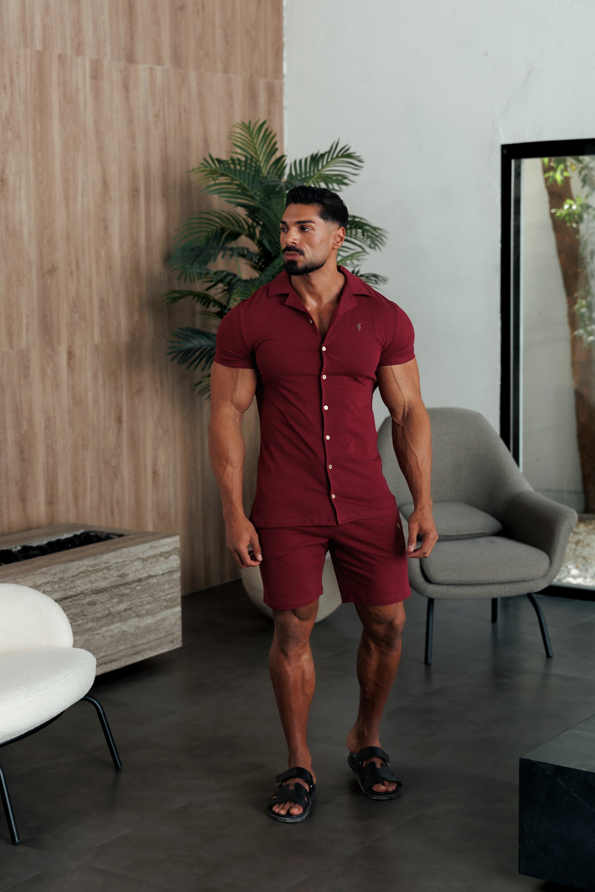 Stretch Wine / Gold Pique Revere Shirt Short Sleeve - FSH1388