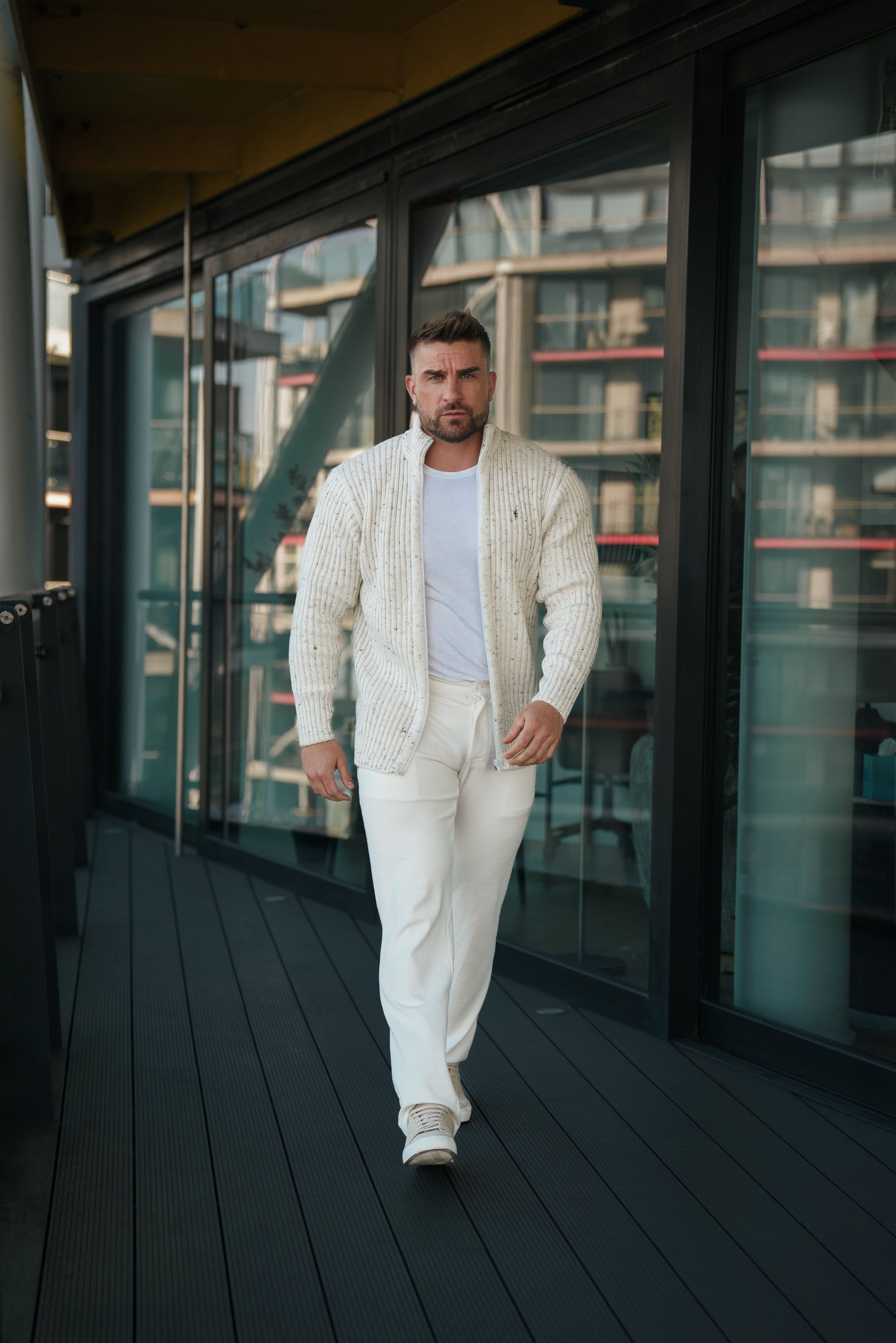 Chunky Beige Flecks Ribbed Zipped Cardigan - FSJ070