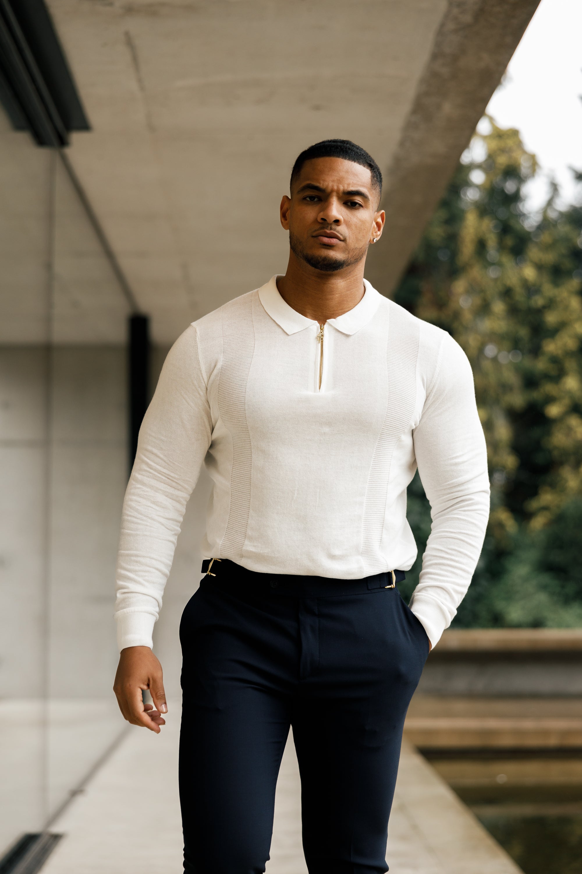 Classic White and Gold Zip Knitted Polo Shirt Long Sleeve - FSN125