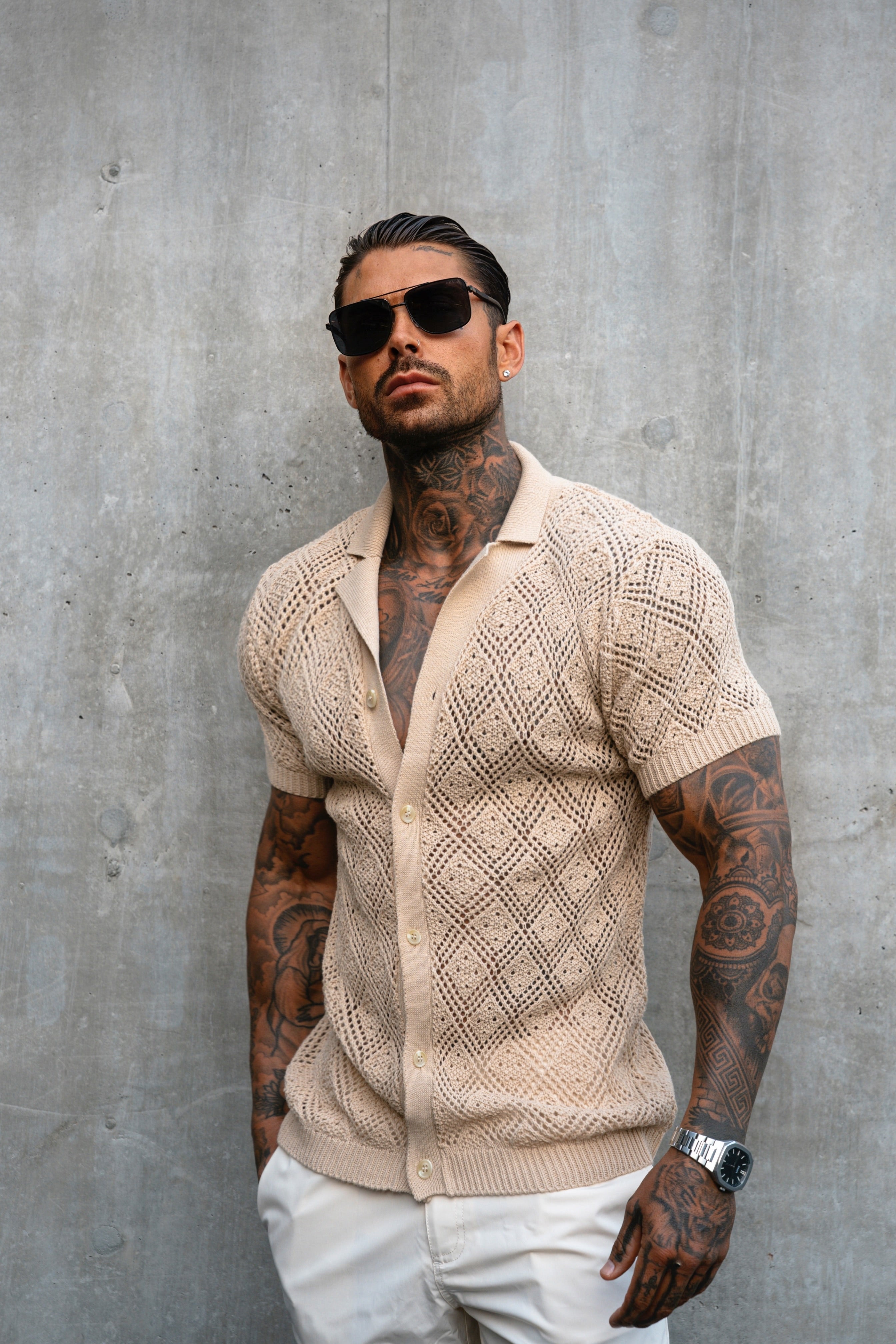 Crochet Shirt Honesty Beige Short Sleeve - FSJ076