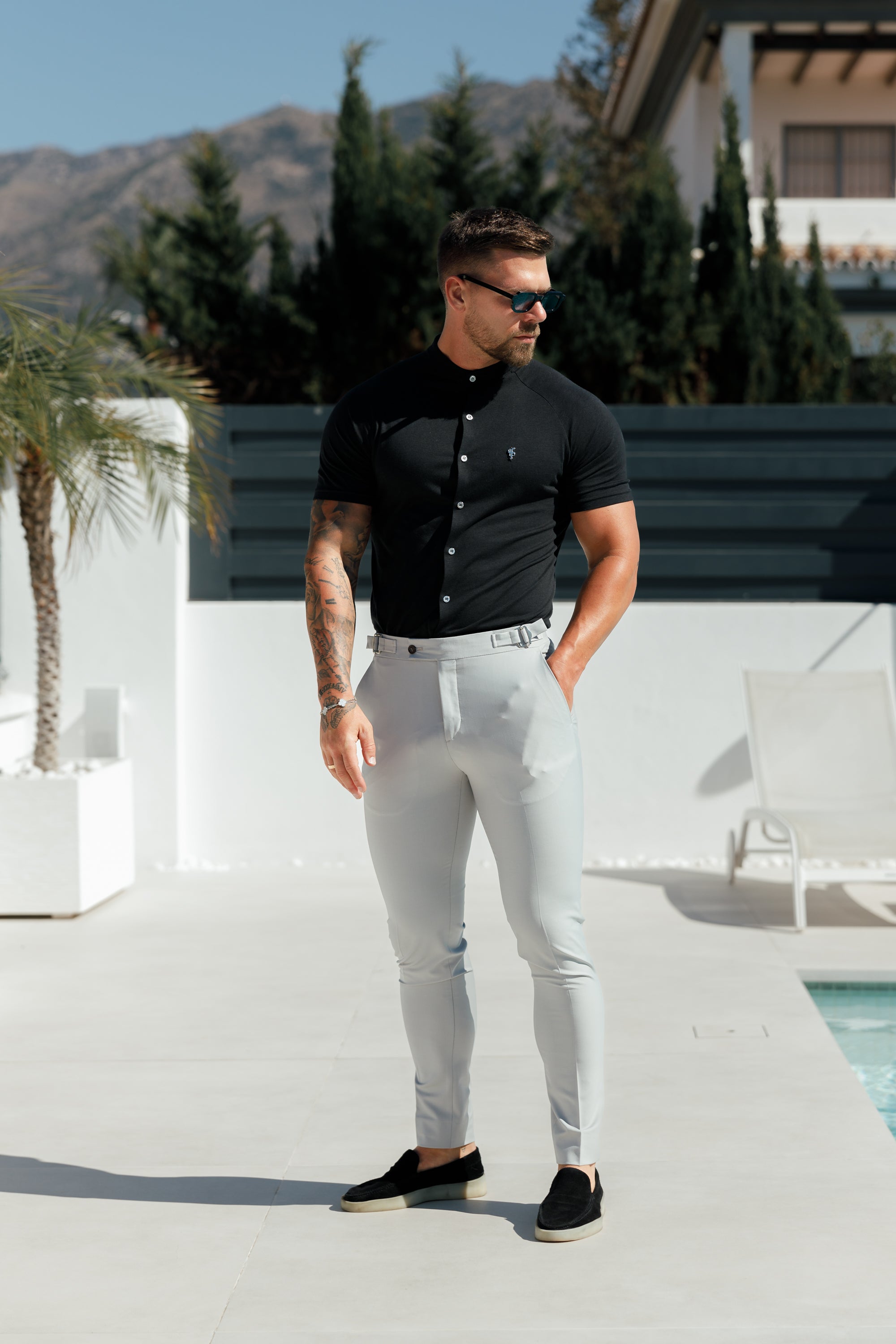 Slim Bamboo Raglan Grandad Collar Black Short Sleeve - FSH1165