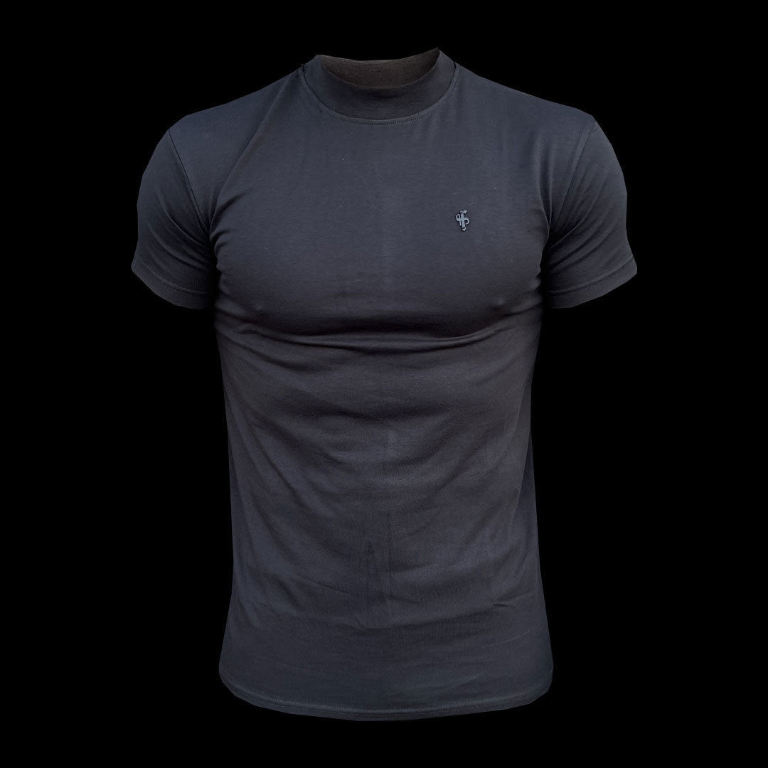 Ribbed High Neck Crew Short Sleeve Black / Black Metal Emblem - FSH1004