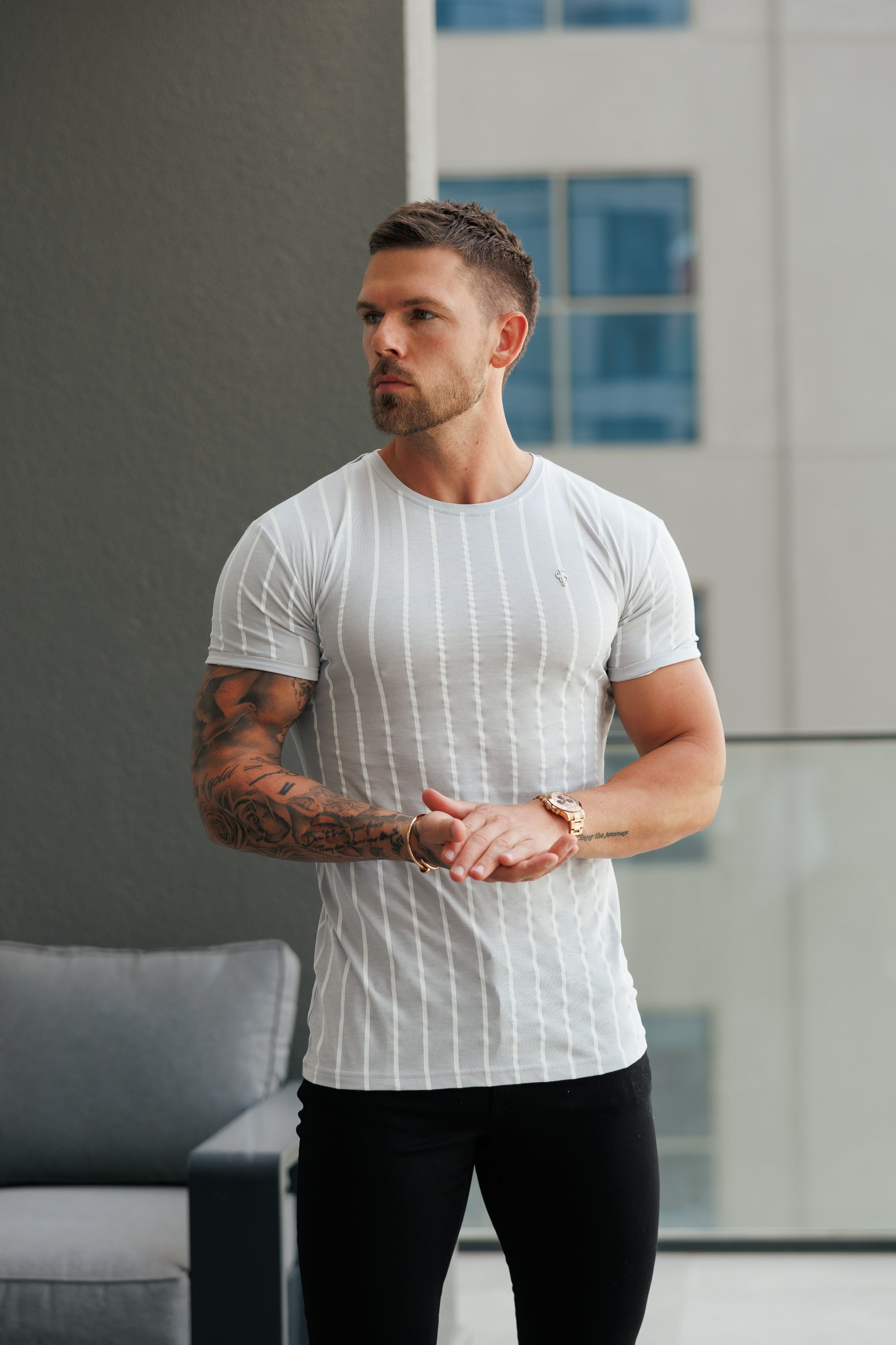 Printed Light Grey / White Stripe Fitted T Shirt - FSH1172