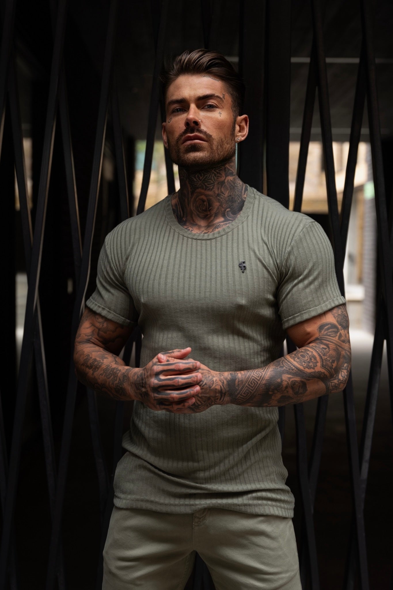 Classic Olive / Black Ribbed Knit Super Slim Short Sleeve Crew - FSH1089