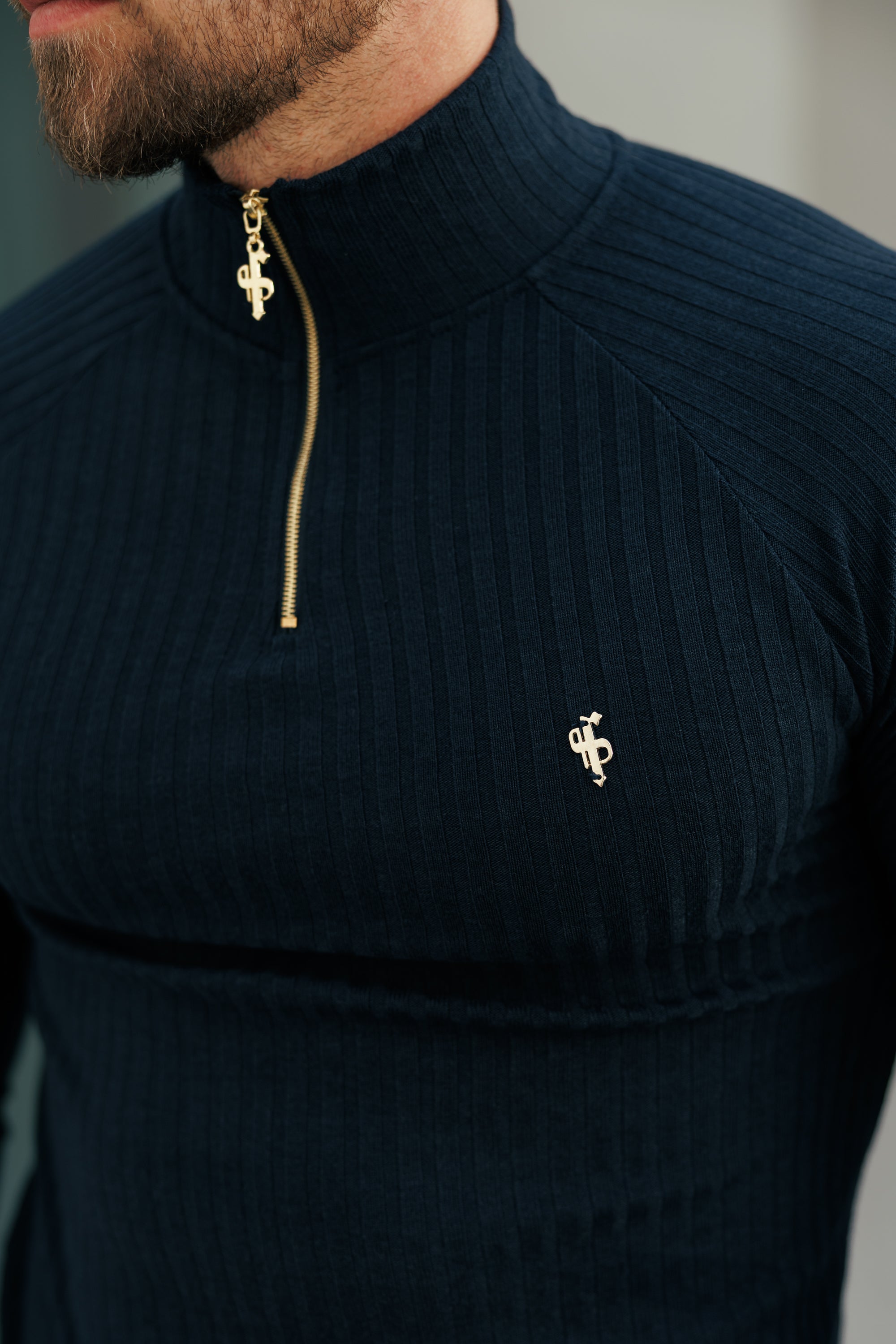 Super Slim Navy Ribbed Zip Funnel Neck Raglan Long Sleeve Crew - FSH1296