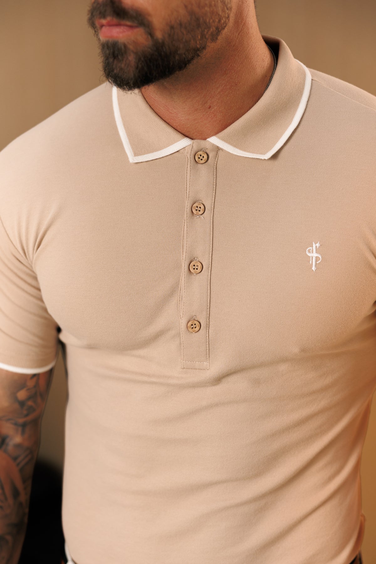 Beige / White Polo Shirt With Contrast Collar and Sleeve - FSH1672