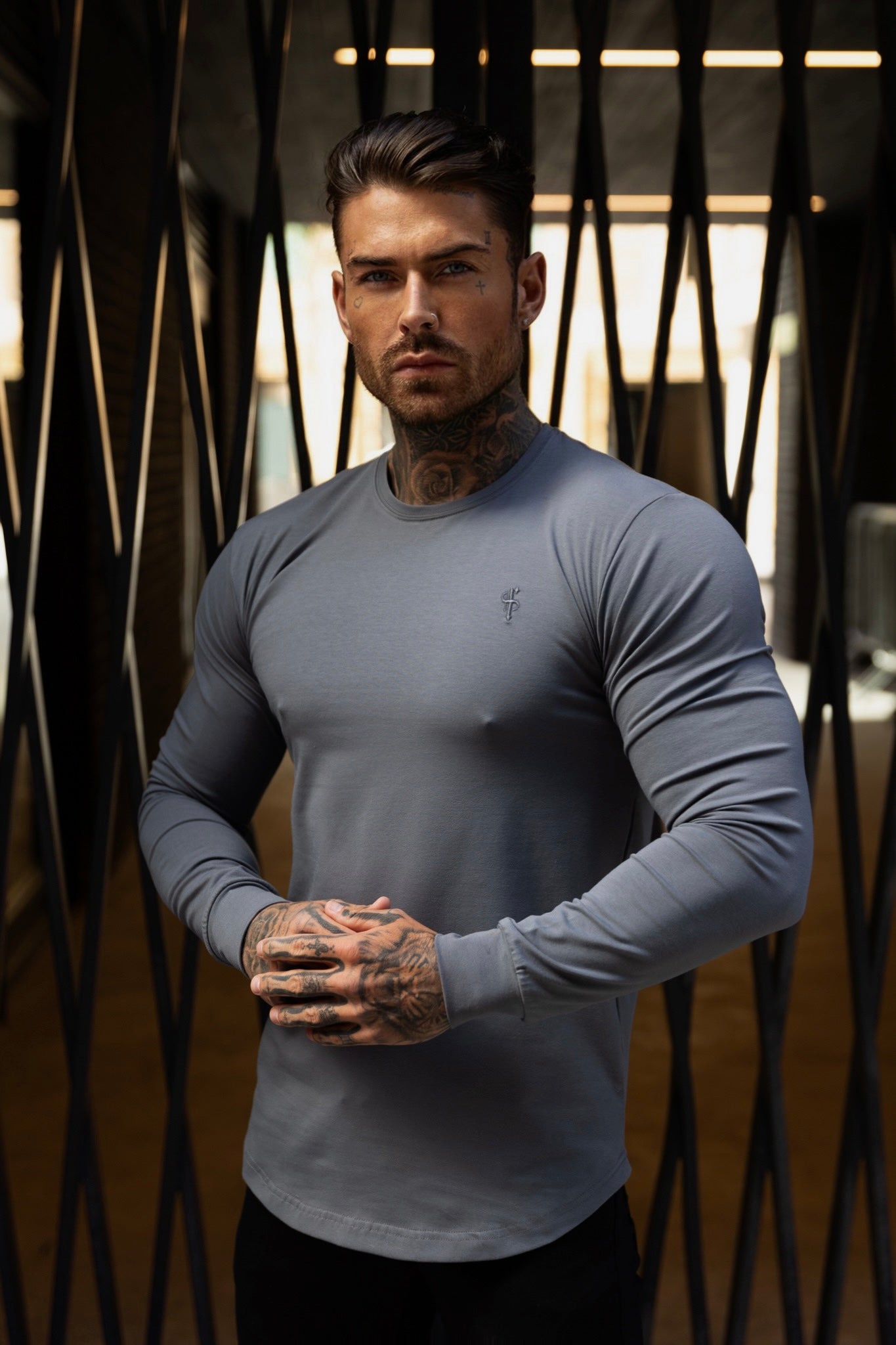 Classic Charcoal Tonal Curved Hem Long Sleeve Crew T Shirt - FSH1002