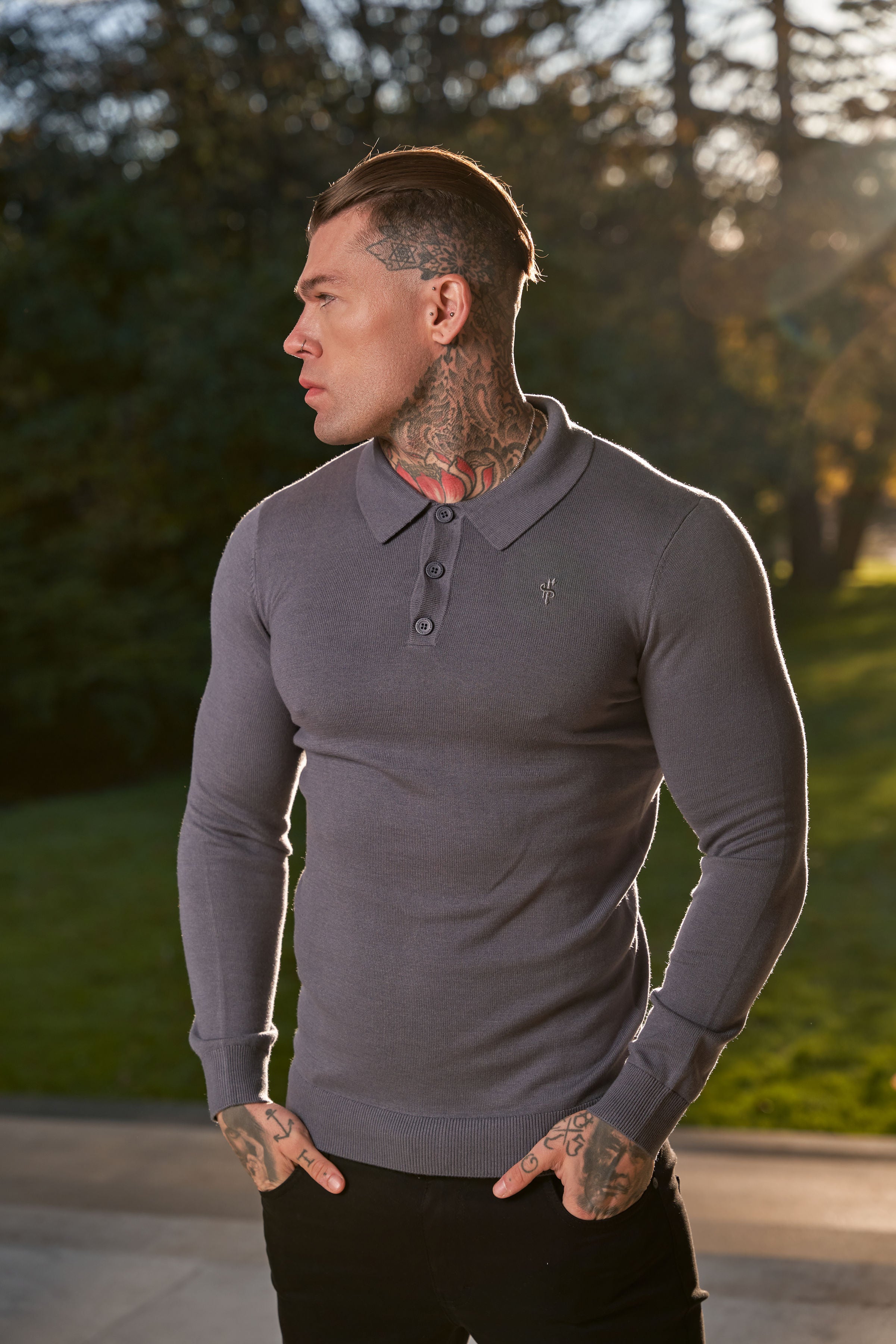 Classic Gunmetal Knitted Polo Jumper Long Sleeve With Tonal FS Embroidery- FSN141