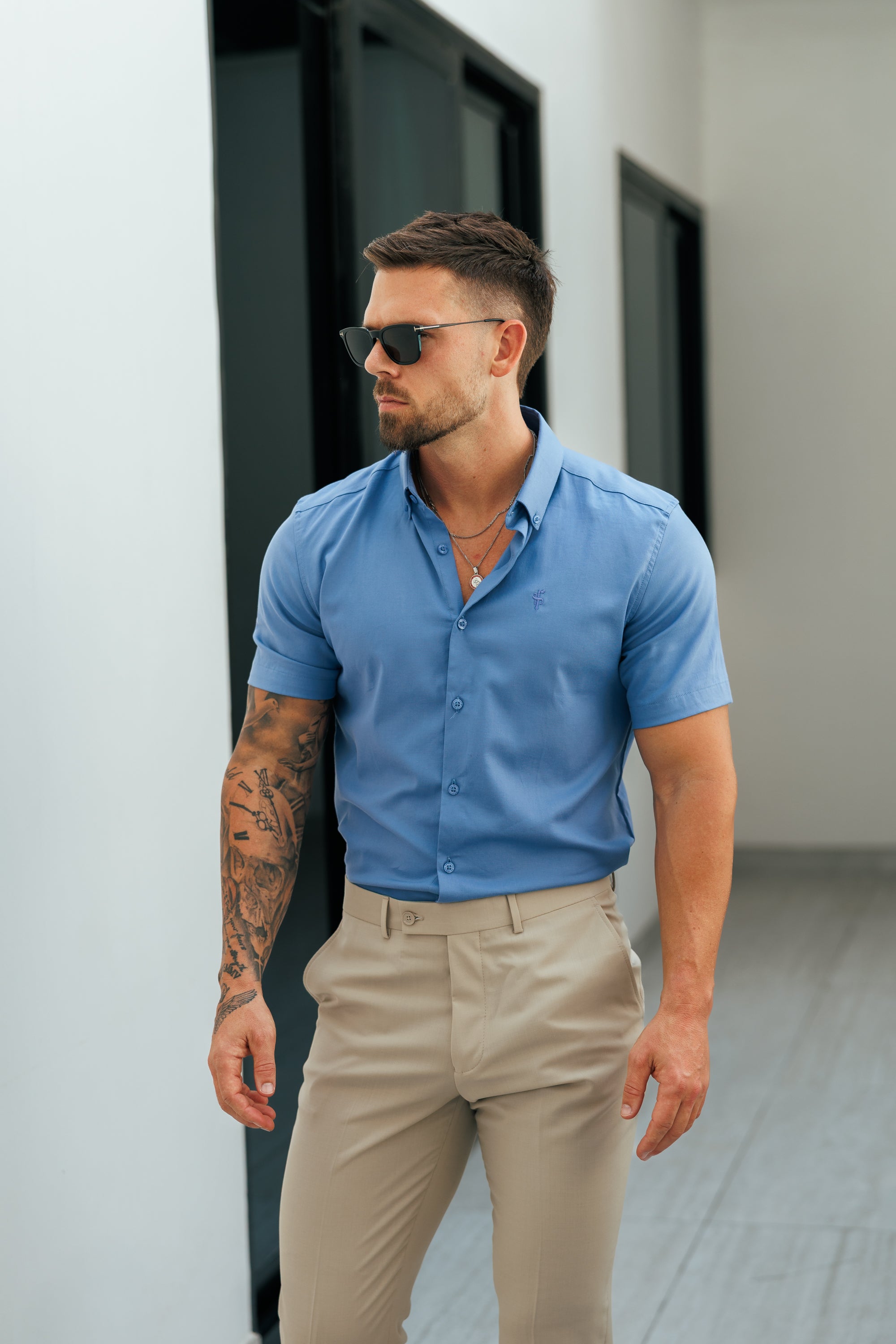 Classic Stretch Oxford Short Sleeve Cadet Blue with Button Down Collar - FS1210