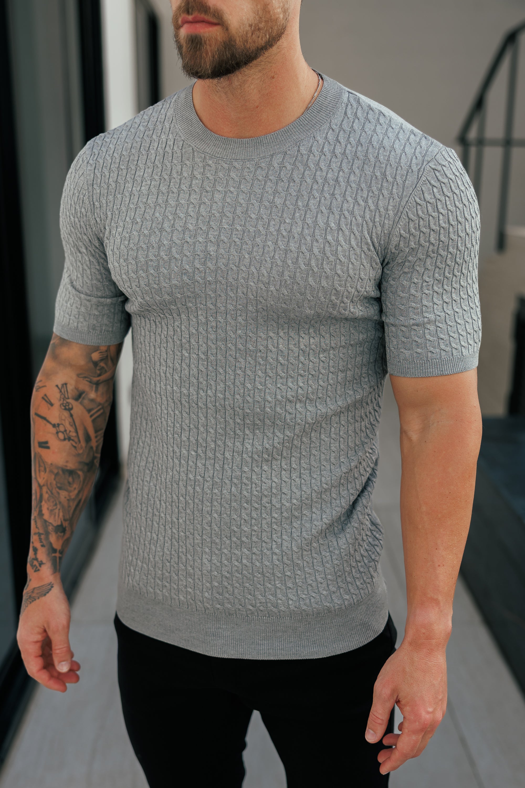 Front Chain Knit Crew T-Shirt Light Charcoal Short Sleeve - FSR058