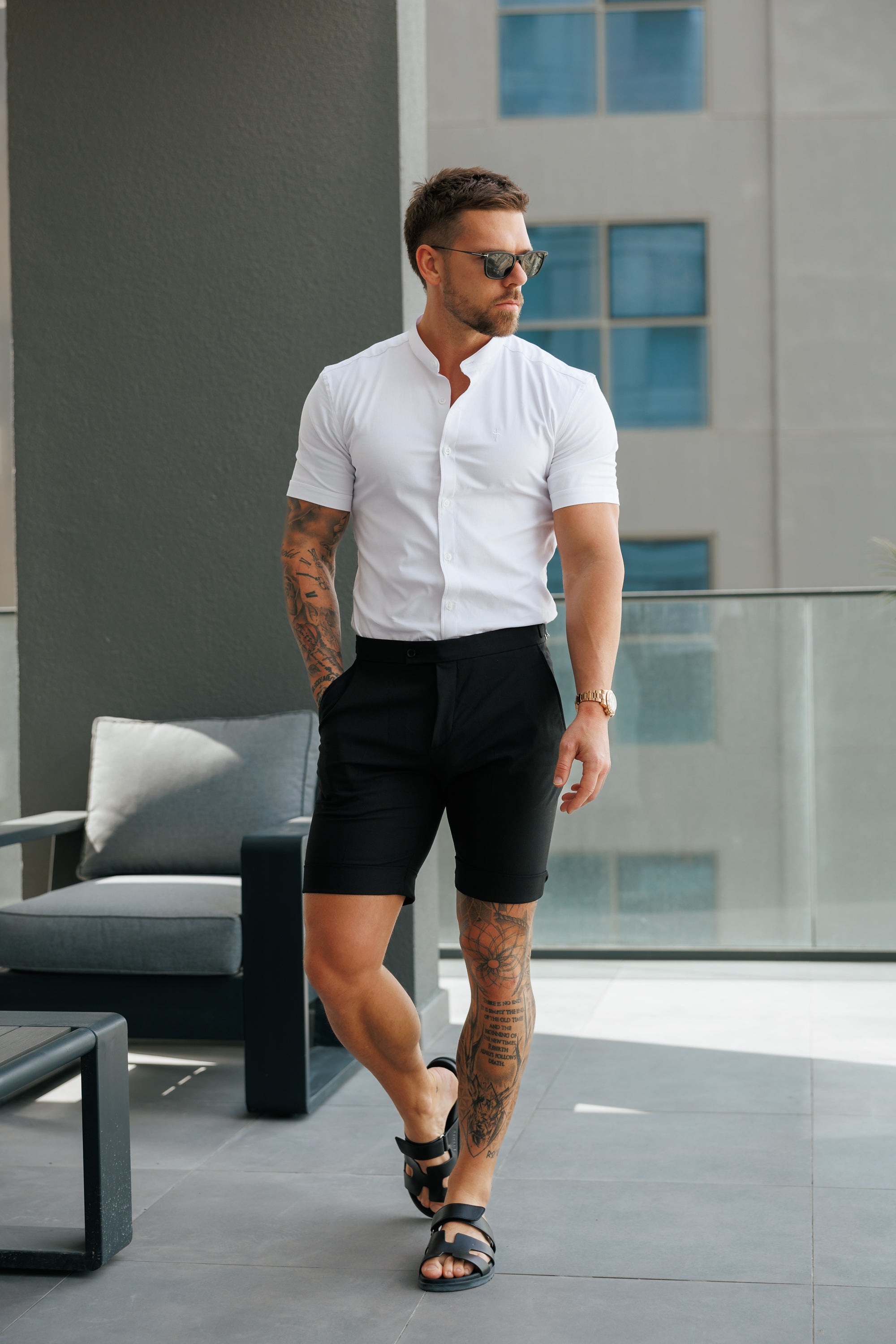 Tailored Black Shorts With Gold Buckle Adjusters - FSTS006