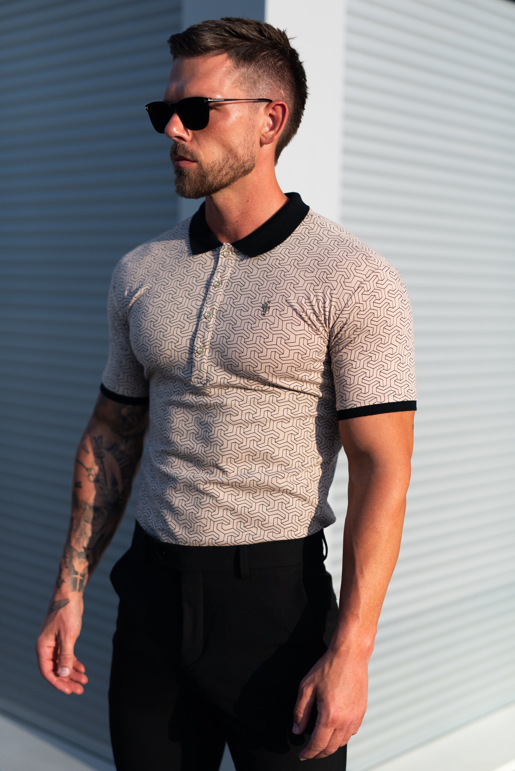 Black / Beige Geo Printed Polo Shirt - FSH1234