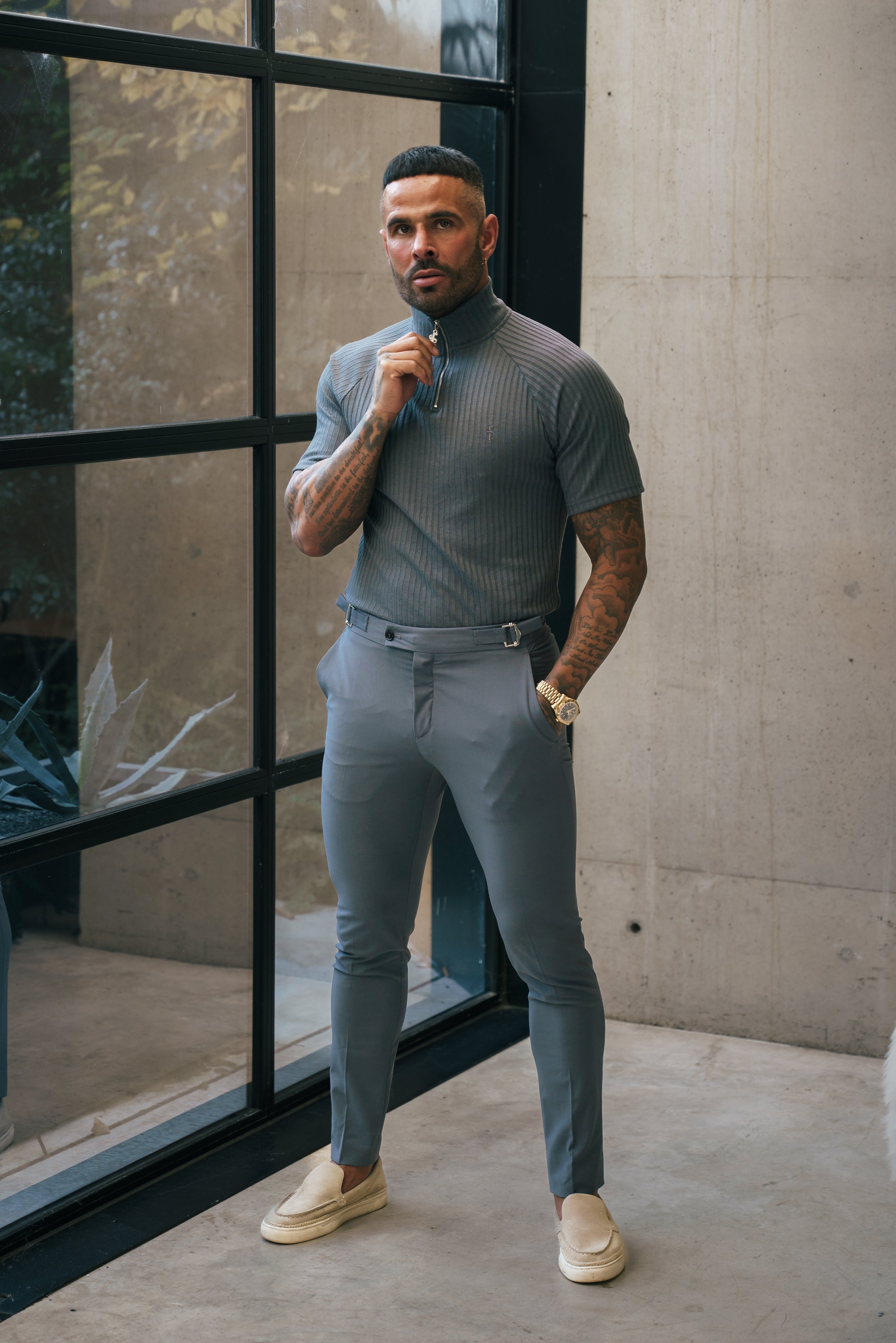 Classic Charcoal Ribbed Zip Funnel Neck Raglan Short Sleeve Crew - FSH1288