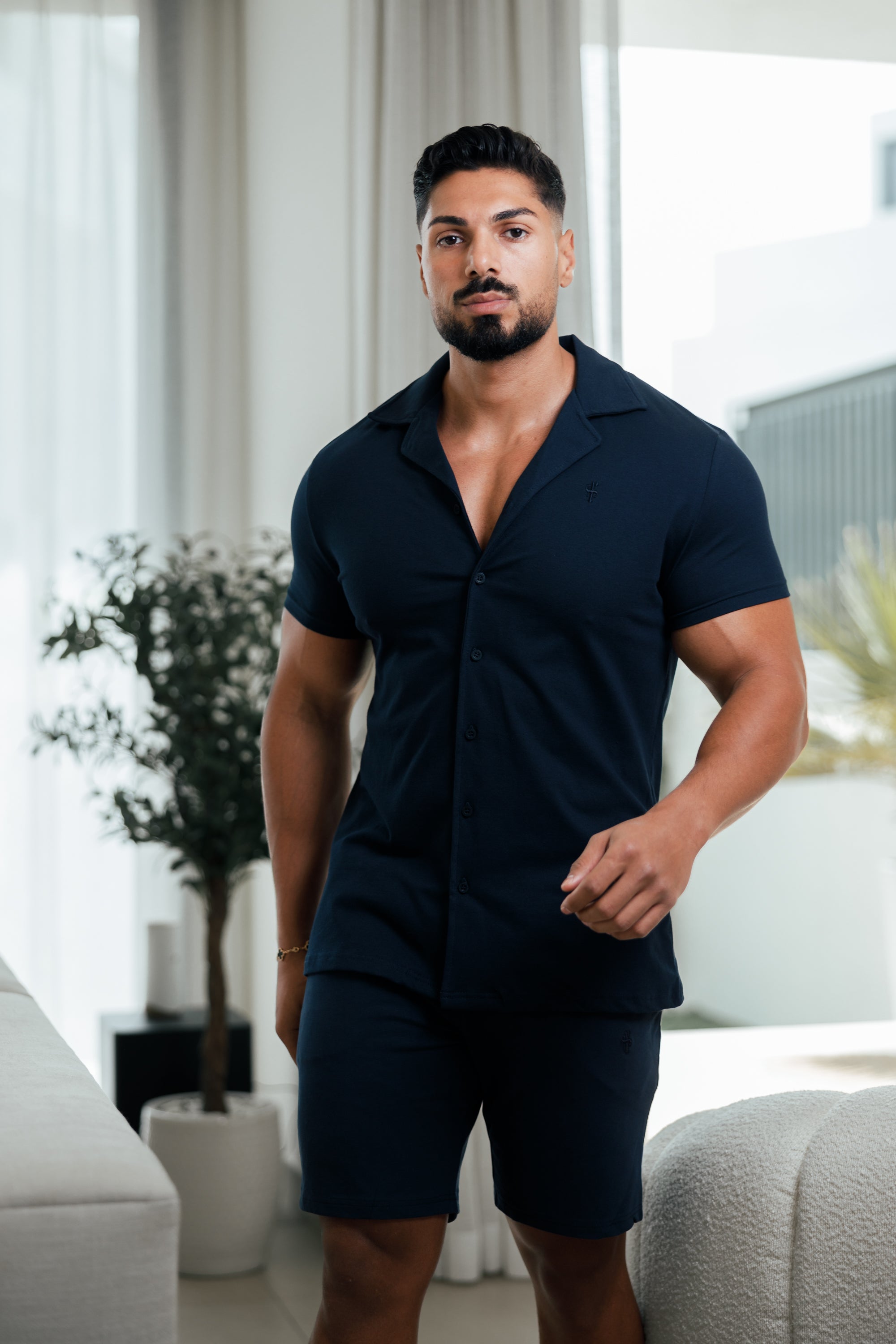 Stretch Navy Pique Revere Shirt Short Sleeve - FSH1069