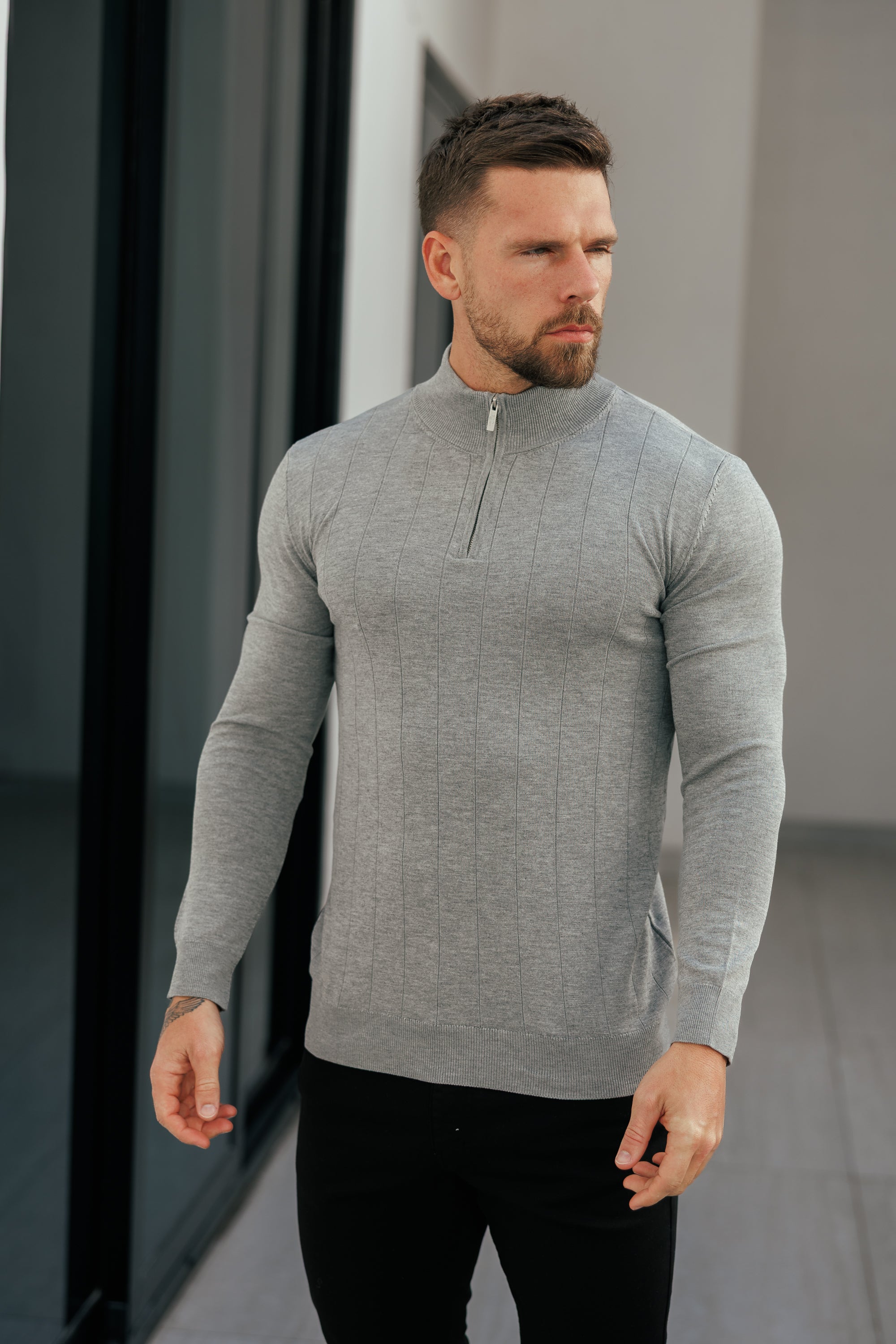 Self Stripe 1/4 Zip Funnel Neck Knit Jumper Light Charcoal Long Sleeve - FSR053
