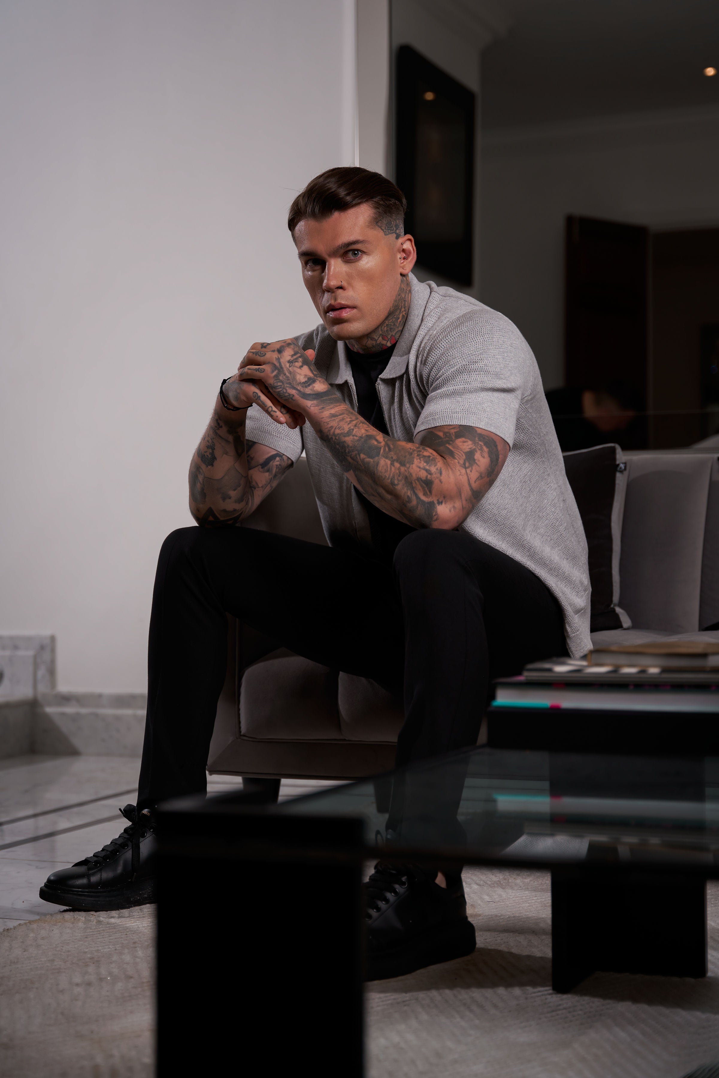 Classic Knitted Textured Design With Full Length Zip Light Grey Short Sleeve - FSN154