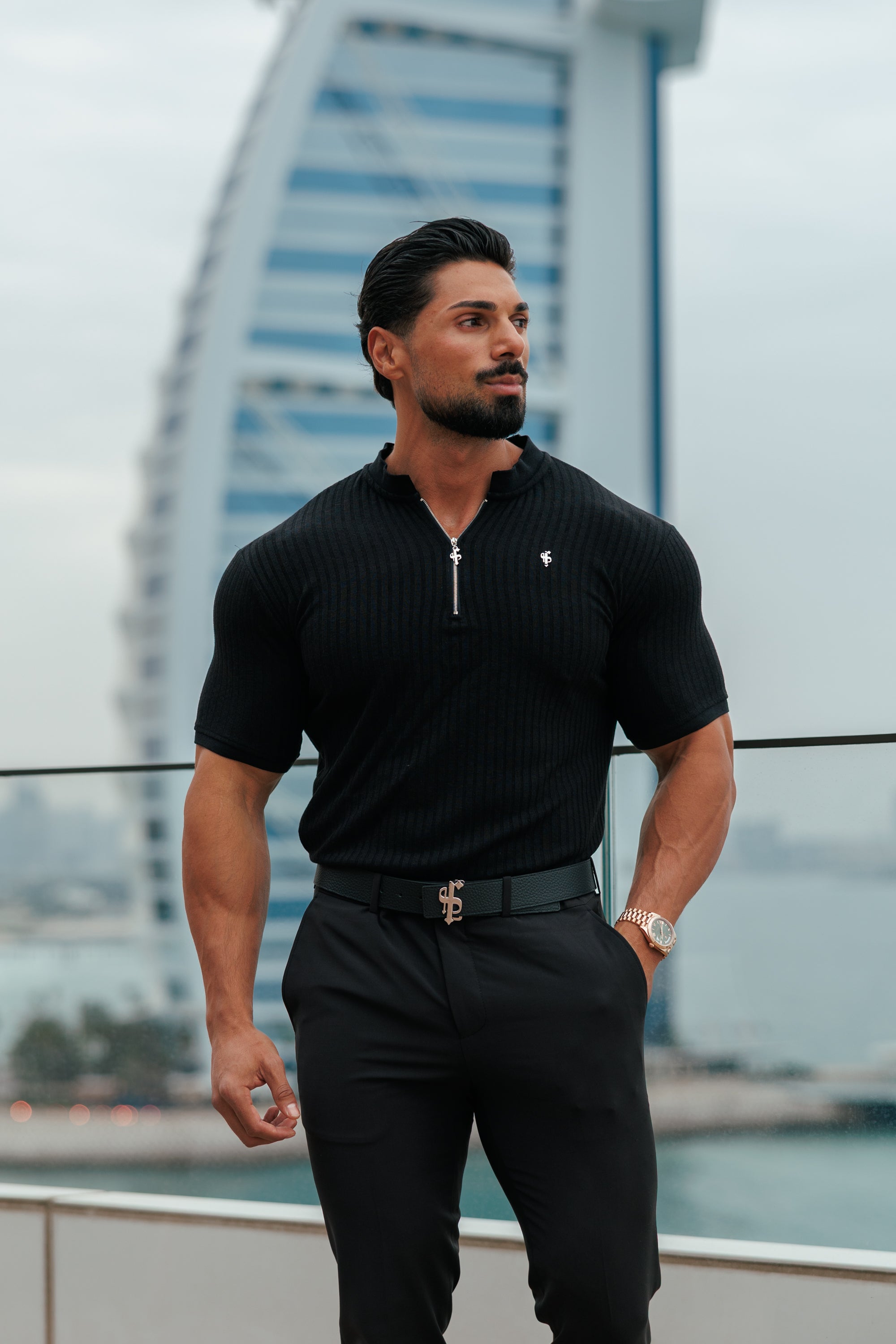 Super Slim Black / Silver Ribbed Zip Grandad Collar Shirt Short Sleeve - FSH1445