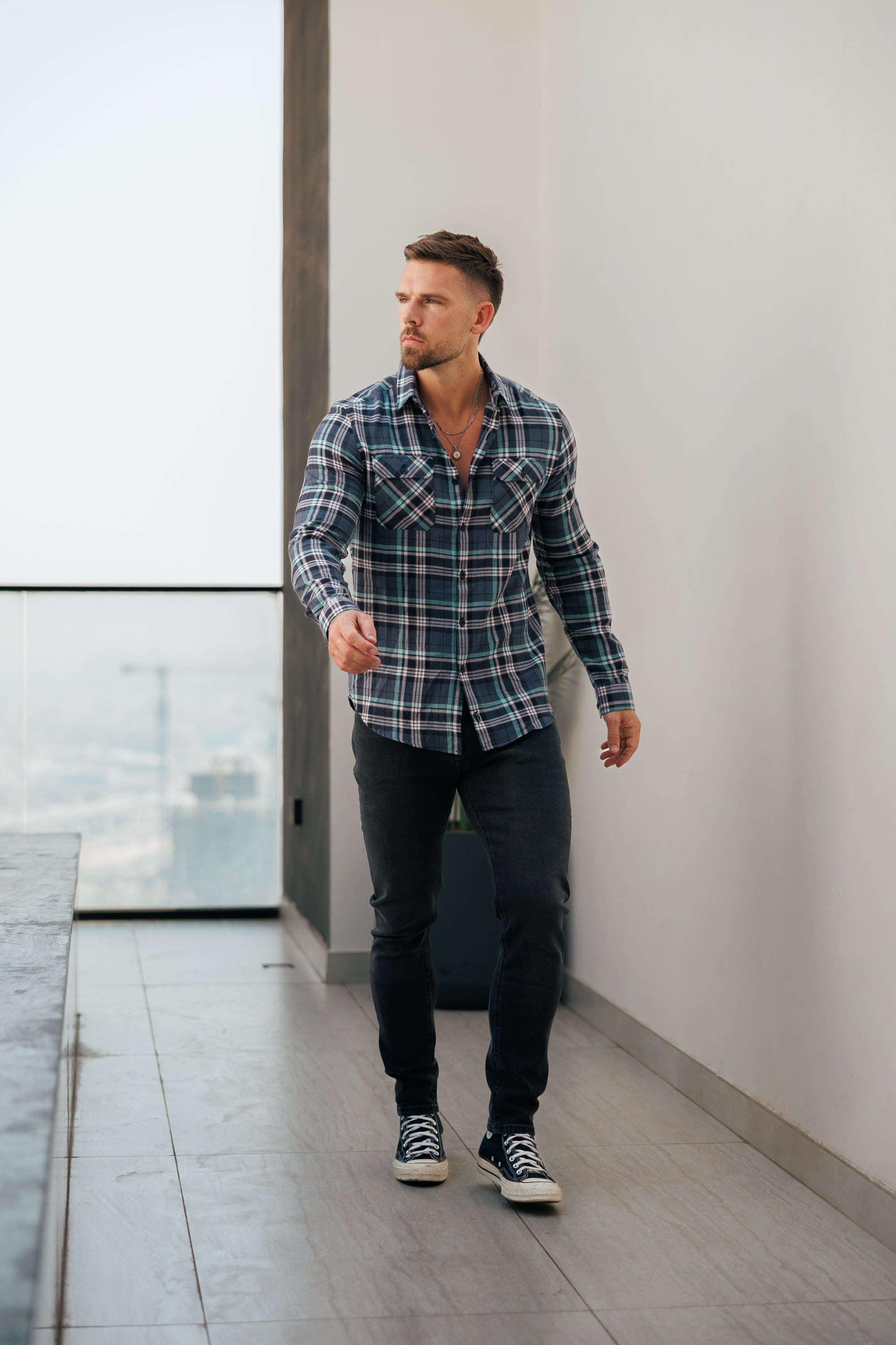 Navy / Green / Pink Check Shacket With Double Pockets - FS1195