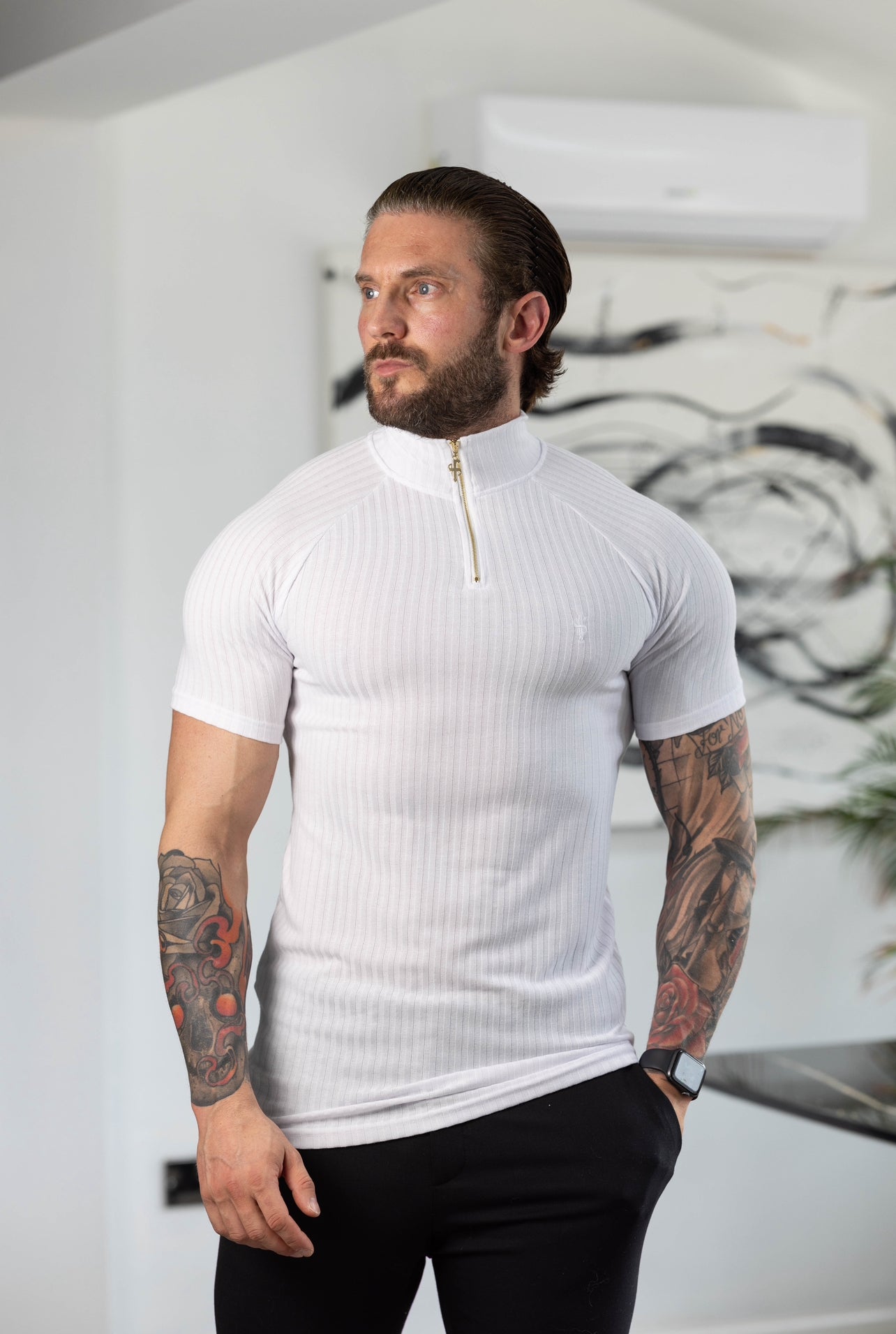 Classic White / Gold Ribbed Zip Funnel Neck Raglan Short Sleeve Crew - FSH1266